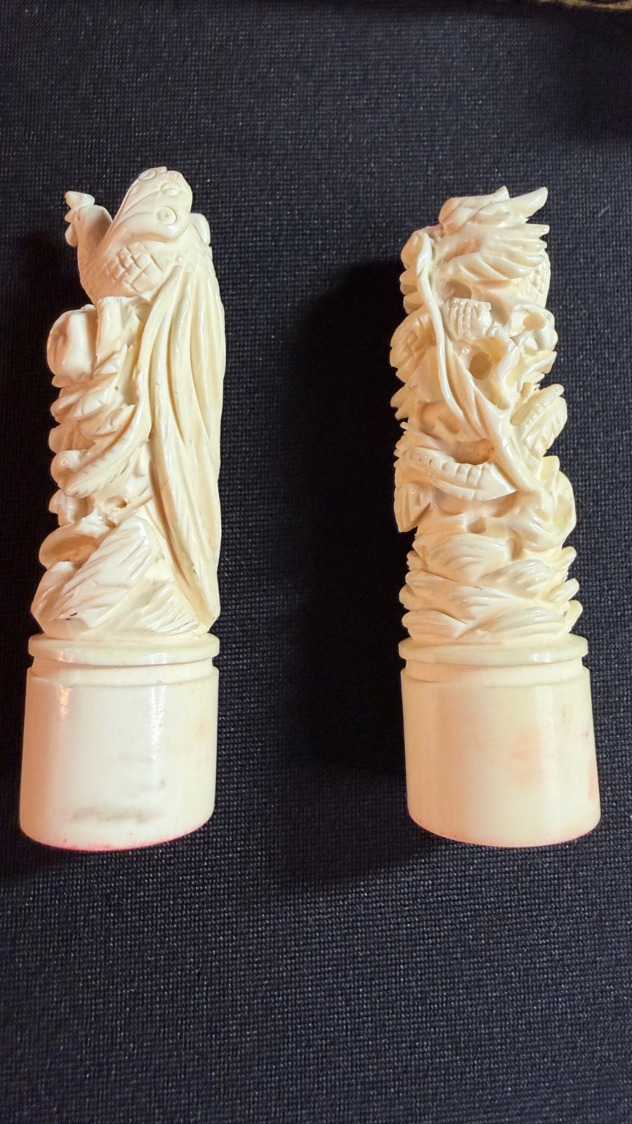Vintage Pair of Chinese Chop Stamps Hand Carved Dragon & Rooster in Box