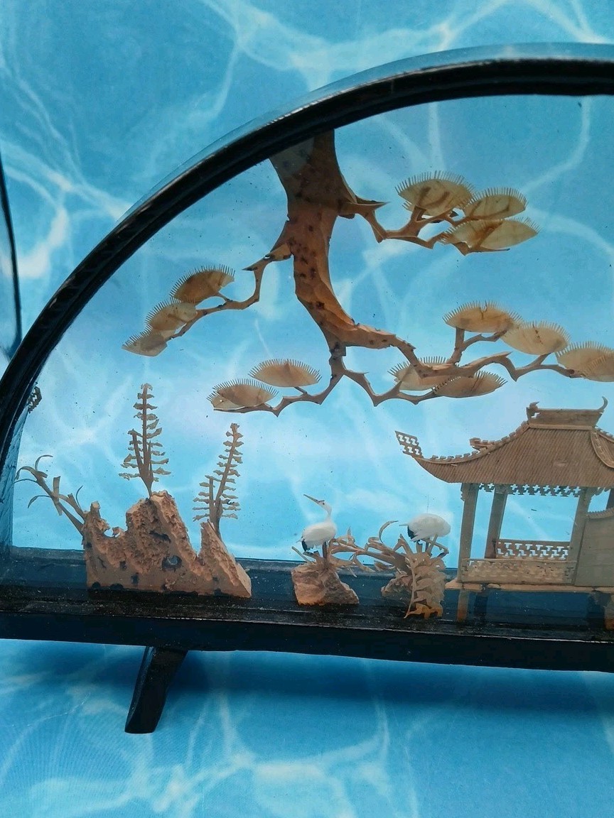 VTG Chinese Diorama Cork Carving Pagoda Trees Birds 10in x 6in Wood Glass Case