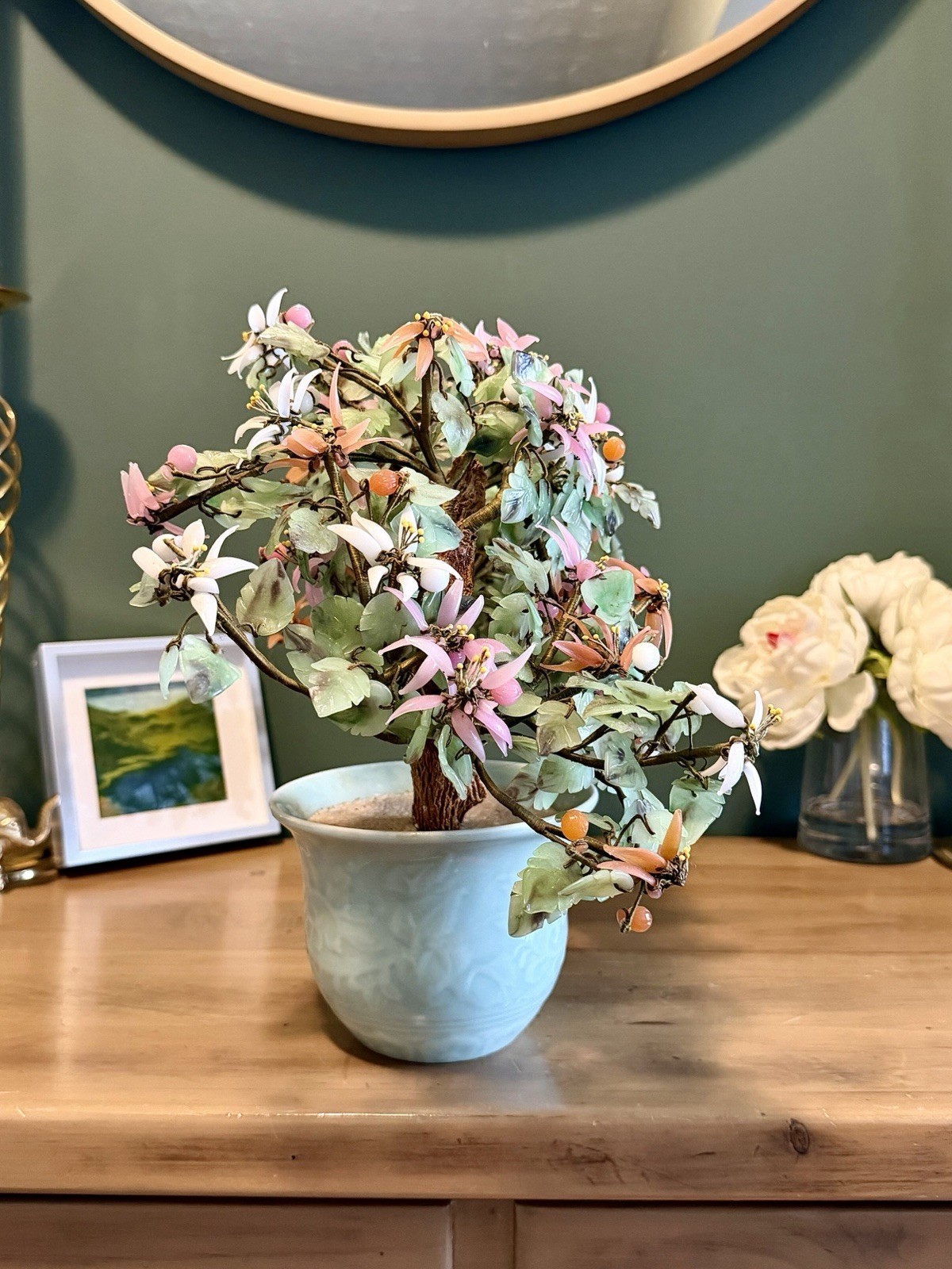 Vintage Chinese Jade Bonsai Tree Gemstone Flowers Celadon Pot