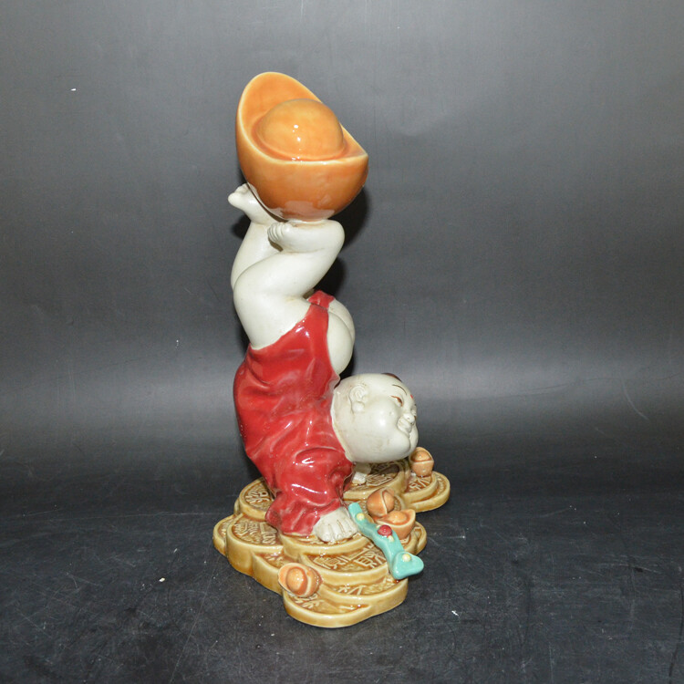 10.6″Collect China Jingdezhen Porcelain Yuen Bo Copper Cash Handstand Boy Statue