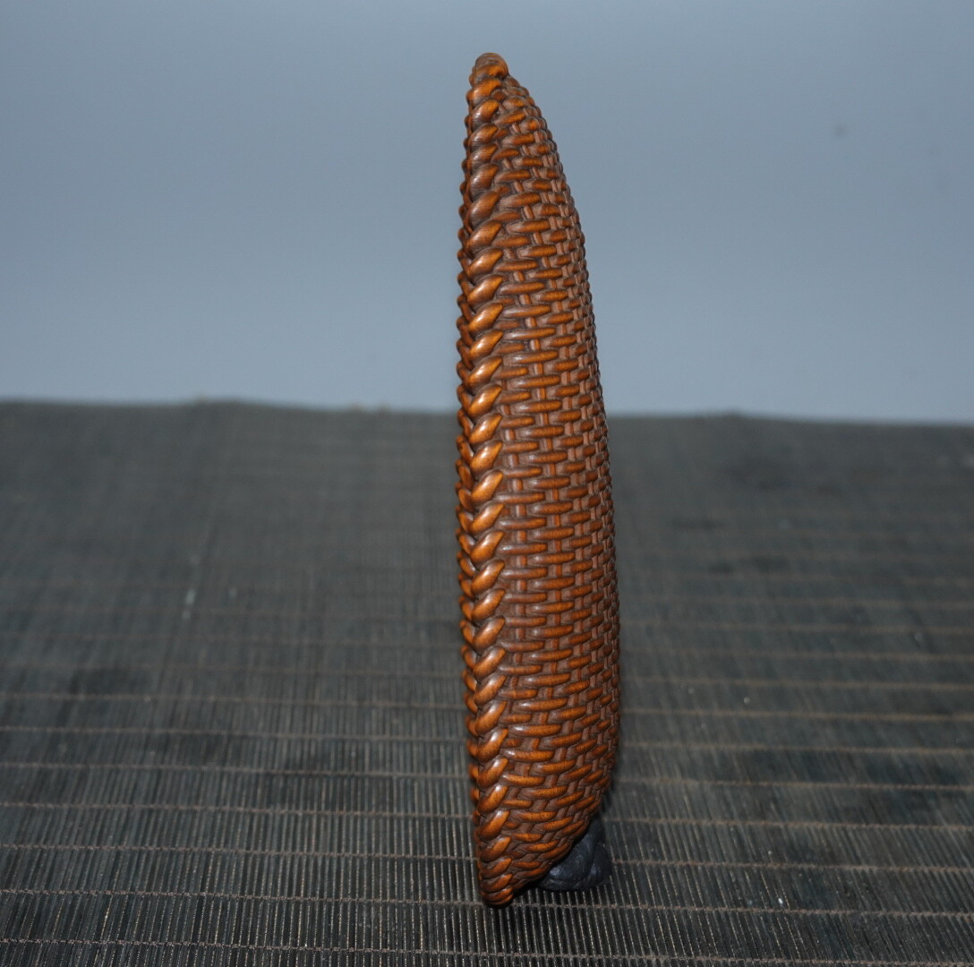 6.1″ Collect Chinese Box-wood Carving Woven Pattern Tea Shovel Statue