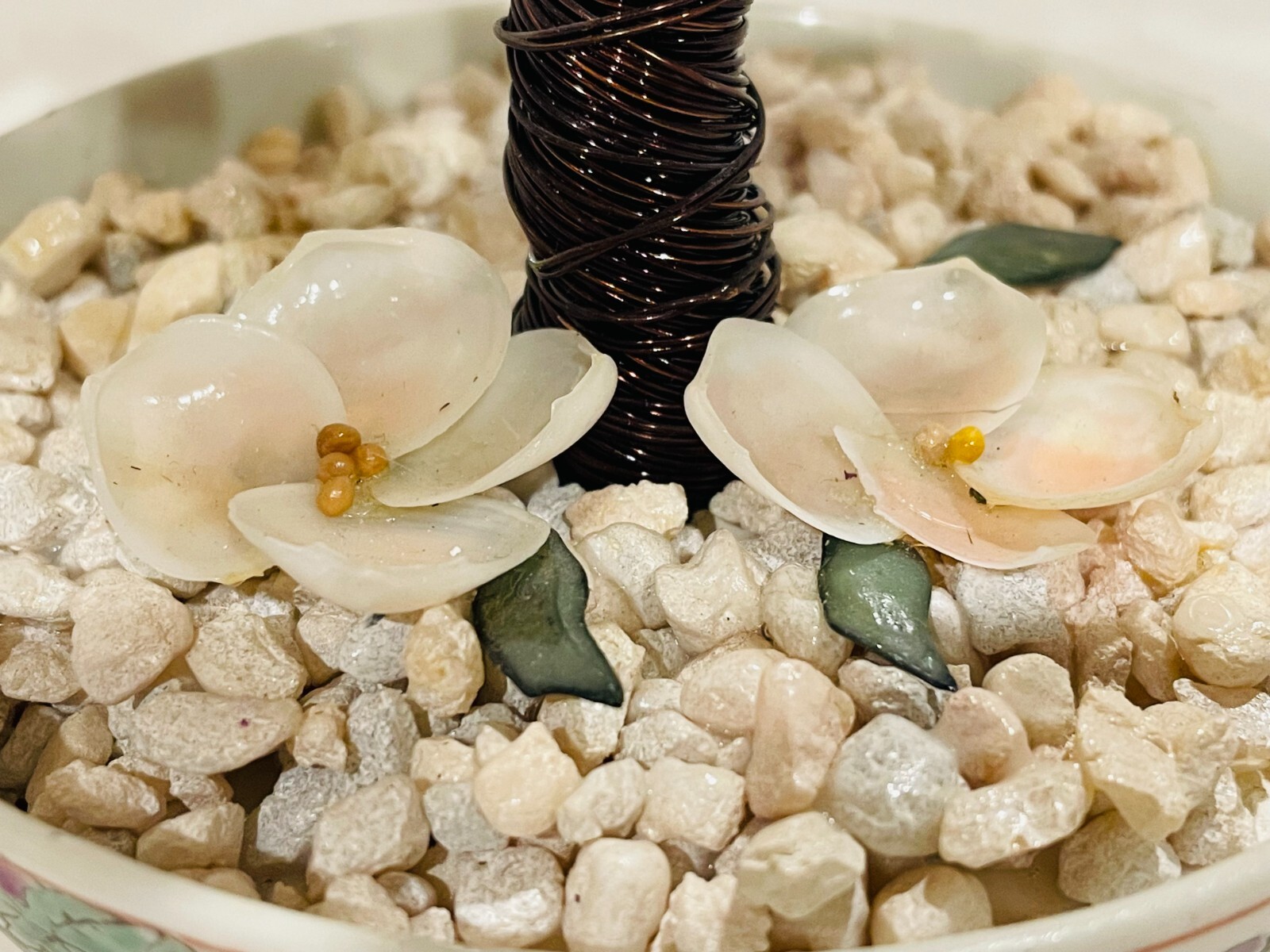Chinese Pink Seashell & Green Glass 8″ Bonsai Tree in Cloisonné Pot