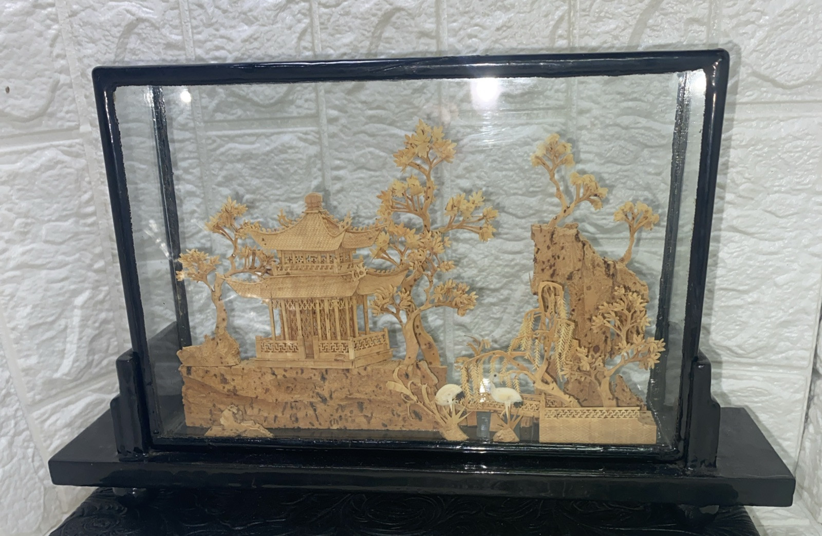 Vintage Chinese SanYou Diorama Handmade Cork Carvings Of Cranes Pagoda & Trees