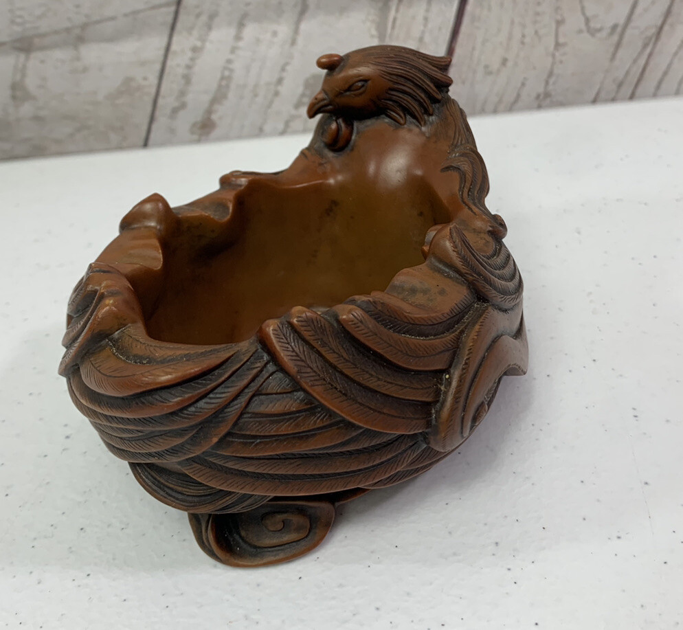 Vintage Chinese Boxwood Hand Carved Peng Bird Ashtray Trinket Box