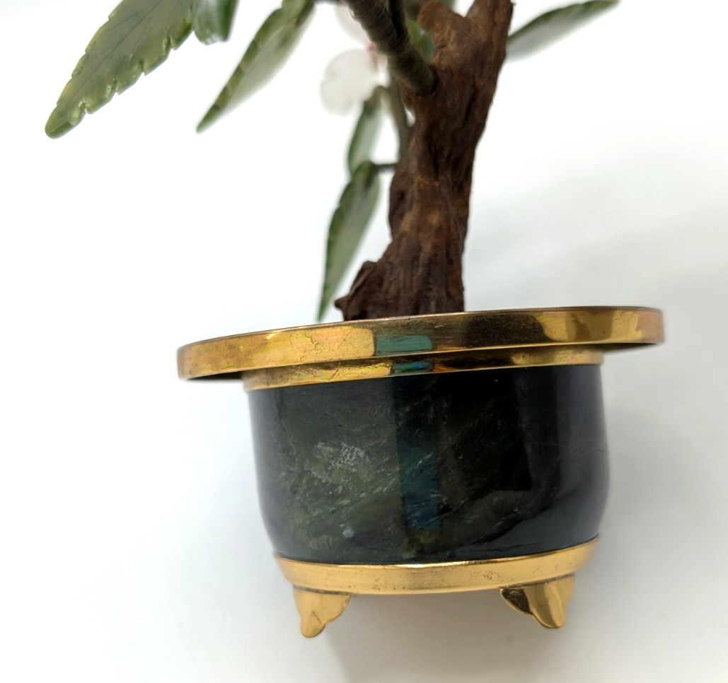 Bonsai Tree Sculpture 8 inch Semi Precious Stones Jade Brass Pot Hong Kong