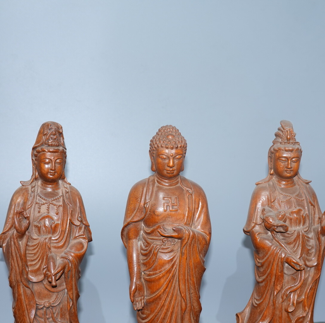 11.4″ China Box-wood West Three Saints Avalokitesvara Sakyamunim Amitabha Statue