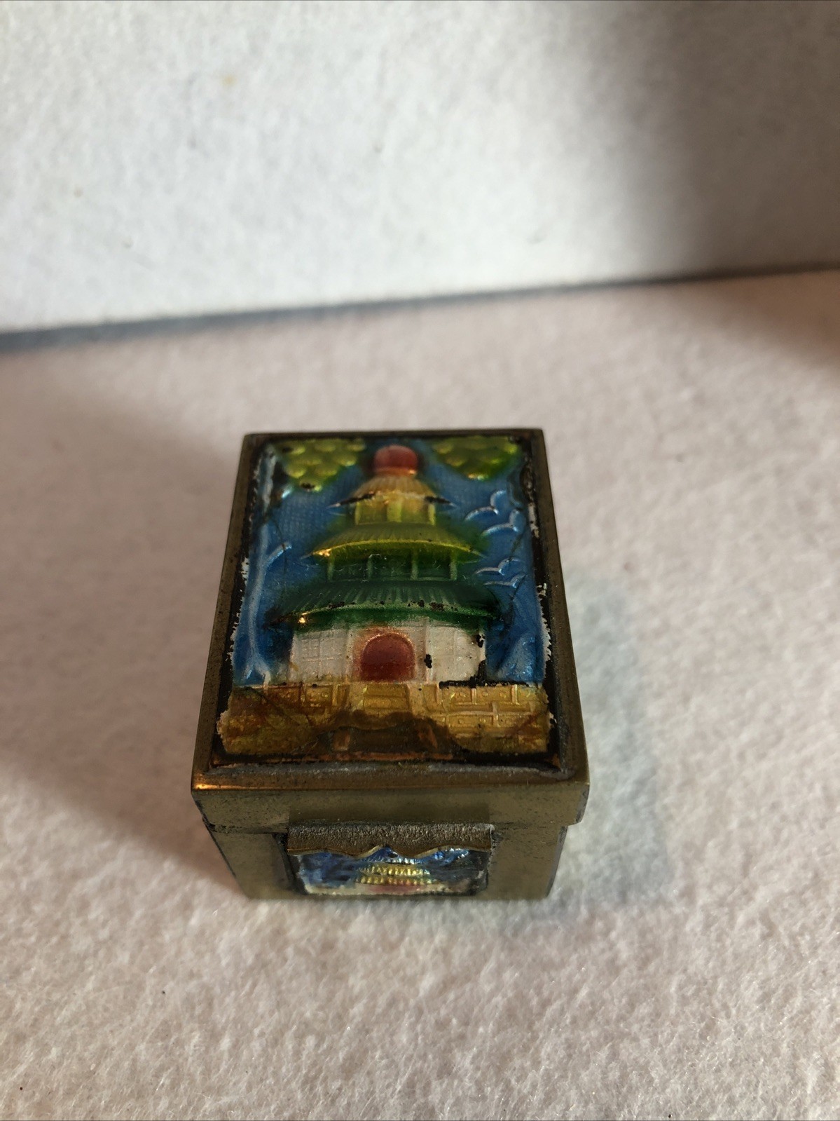 Chinese Brass Enamel Temple Stamp Box Vintage Antique