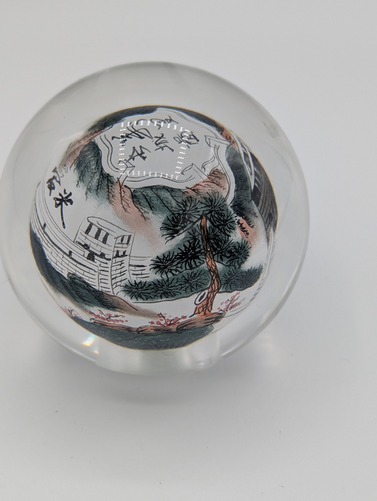 RARE Vintage Chinese Reverse Painted Glass Sphere Paperweight 3.5″ Unique Art