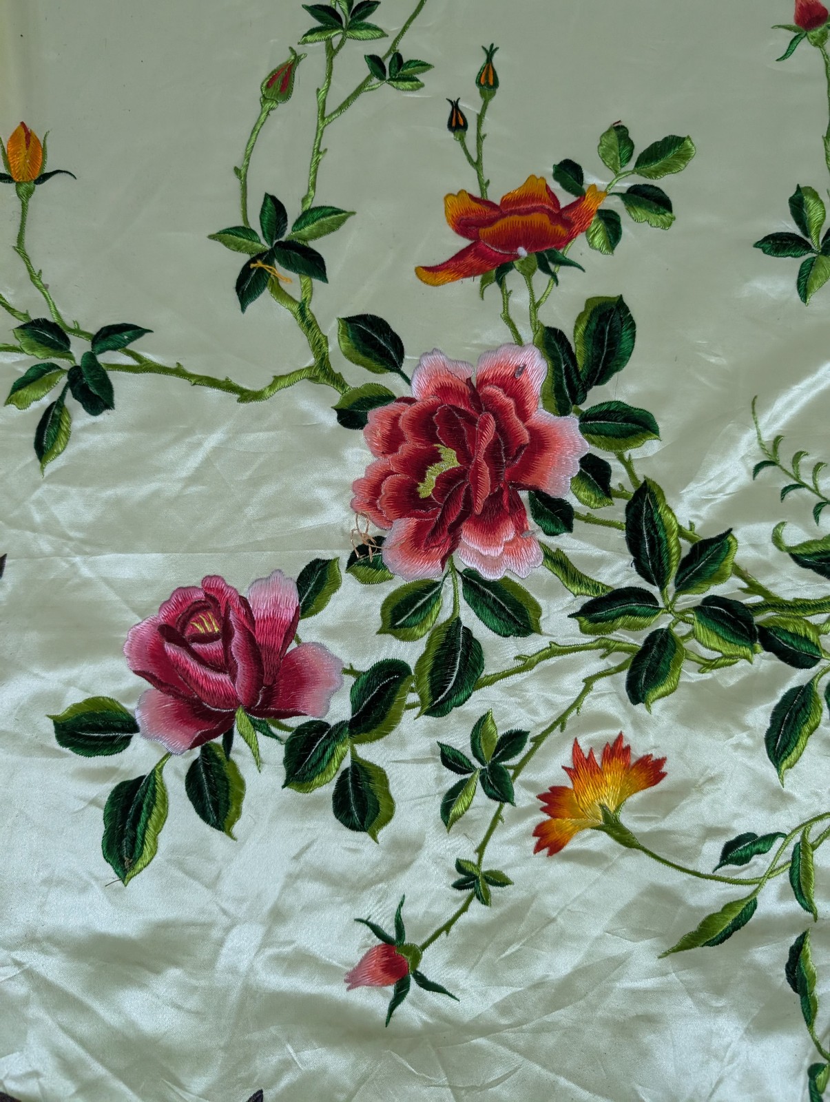 Vintage Chinese Embroidered Floral & Mandarin Ducks Silk Textile 74x56in