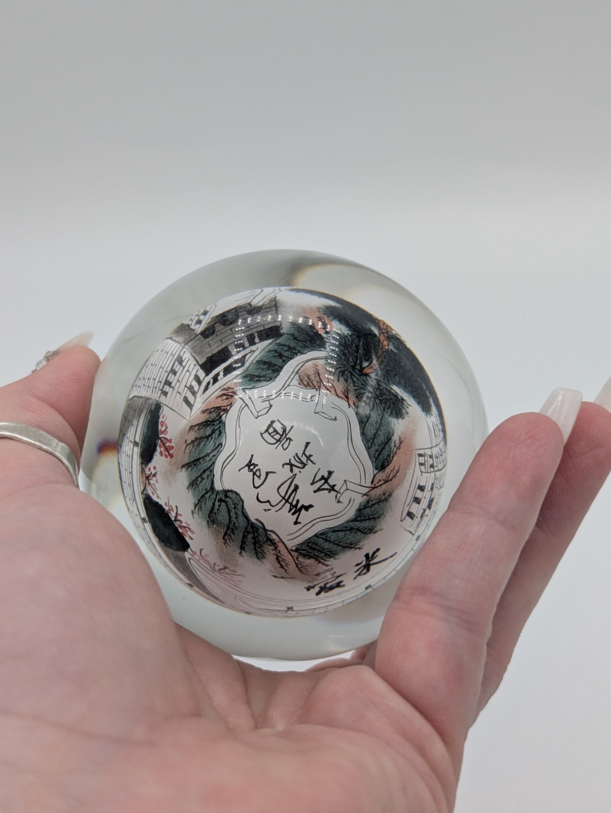 RARE Vintage Chinese Reverse Painted Glass Sphere Paperweight 3.5″ Unique Art
