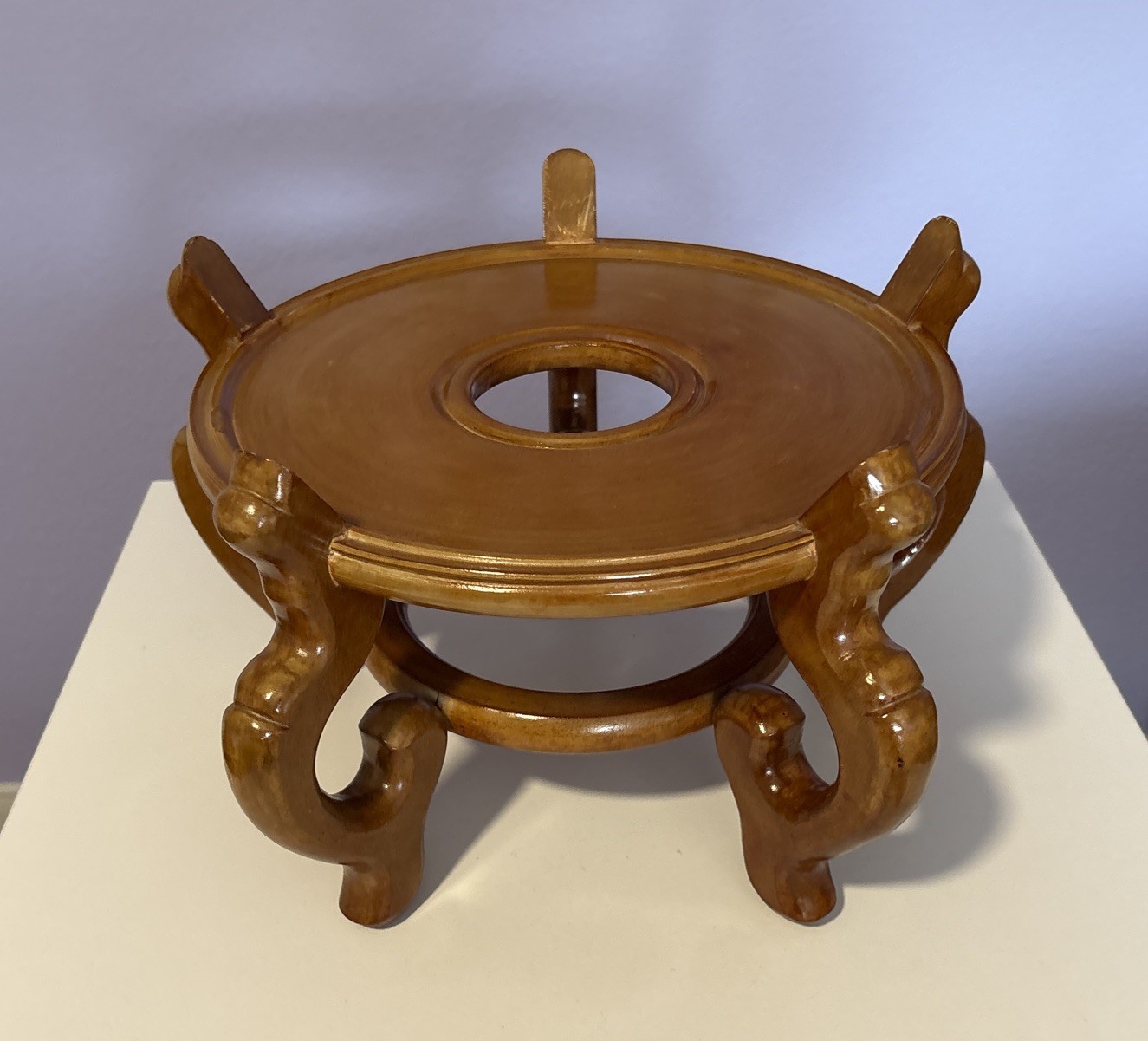 Carved Wood Plant Stand Display Honey Brown Vase Fish Bowl Asian Oriental 10”