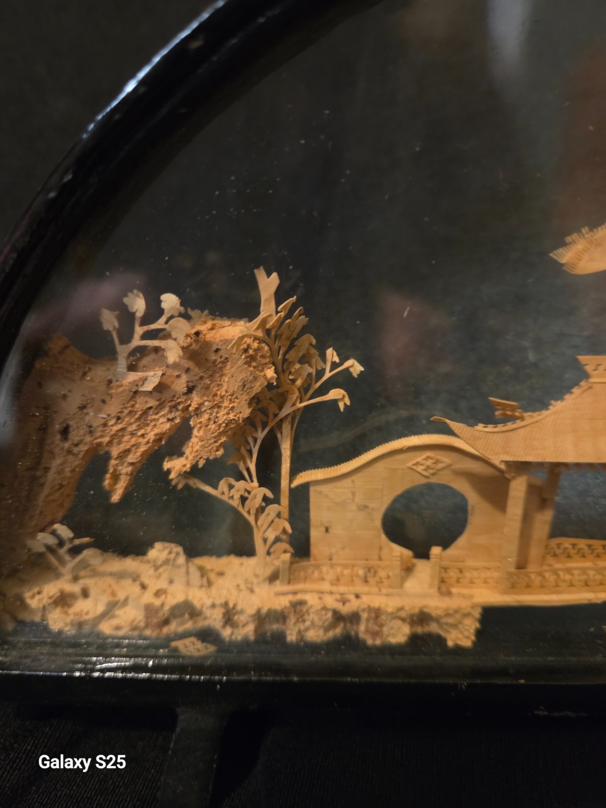 Vintage Chinese Cork Art Diorama Cranes Pagoda Trees Hand Carved in Glass Case