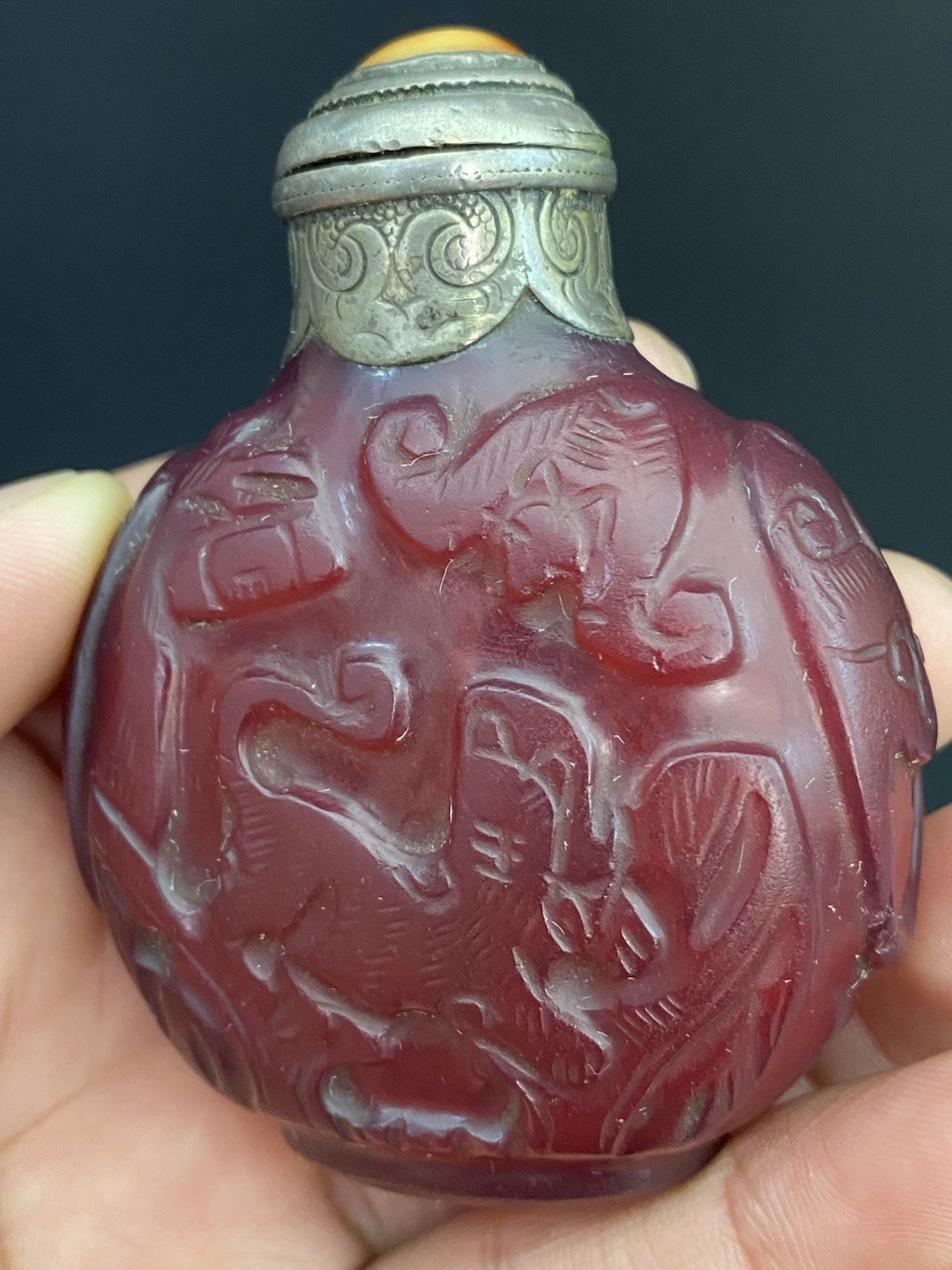 Antique Chinese Ruby Red Peking Glass Steling Silver Top Carved Snuff Bottle