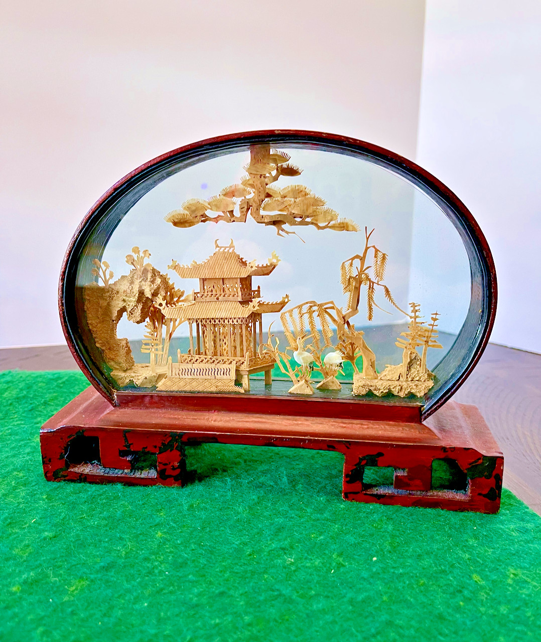 Vintage Chinese San You Cork Carving Diorama w/Pagod Trees & Cranes Wooden Stand