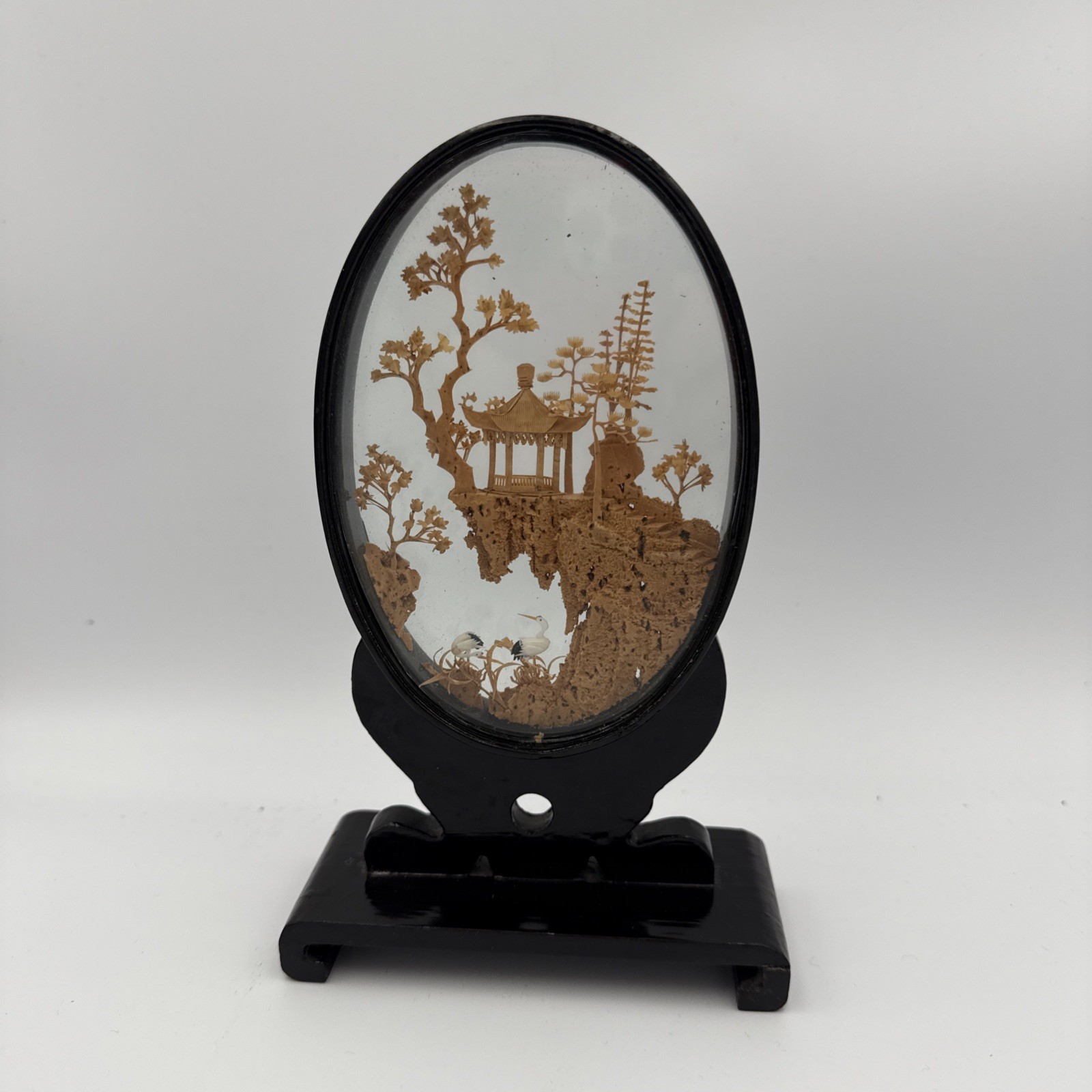 Vintage Chinese Diorama Cork Carving Glass Case Pagoda/Trees/Cranes 8”