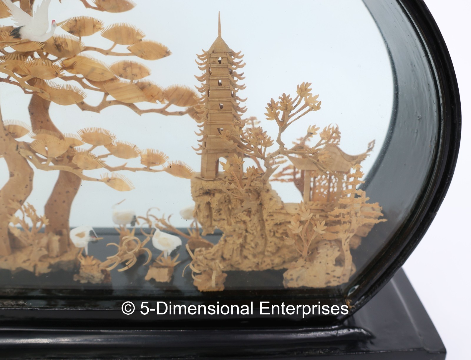 VTG Chinese Diorama Cork Carving Pagoda Trees Cranes 12″ x 8″ x 2.5″ Glass Case