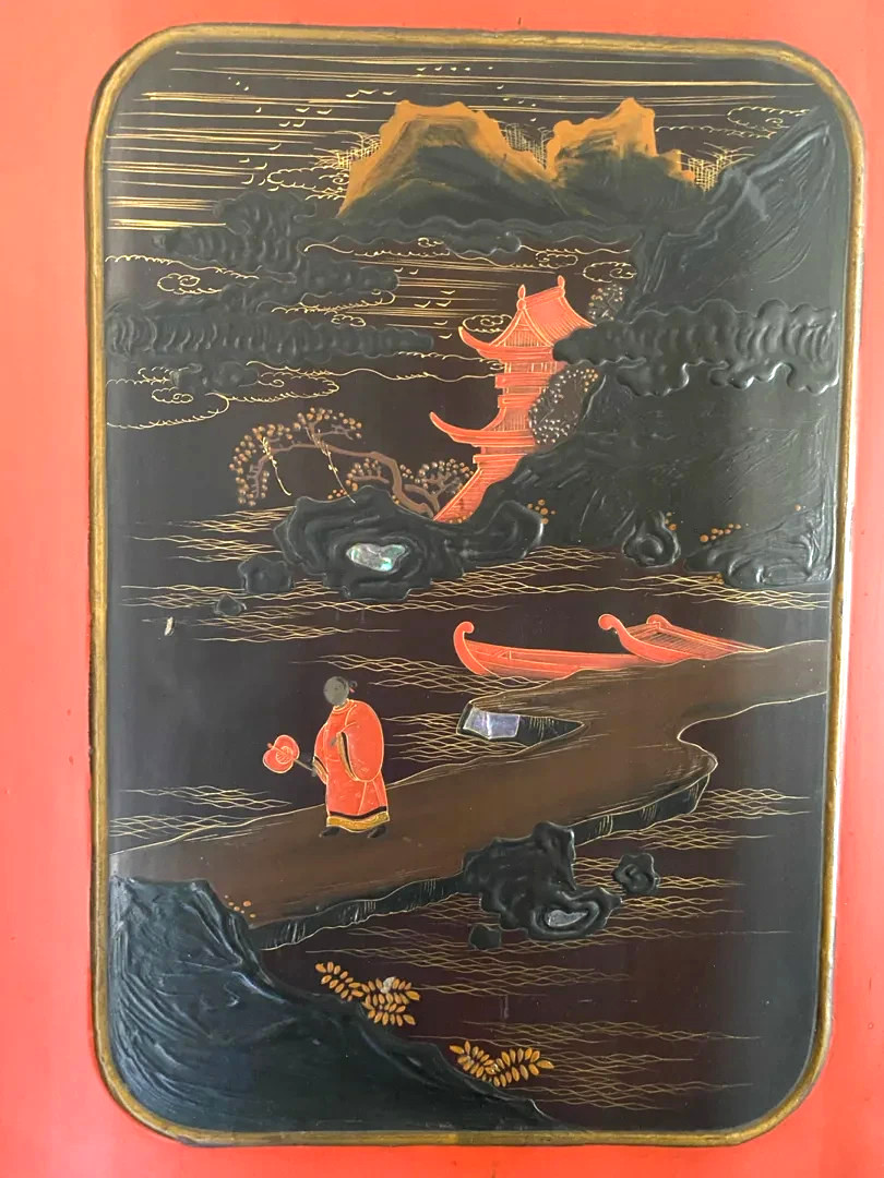 Vintage Black Lacquer &Mother of Pearl Japanese? Asian Art 2 Wall Panels 36″x17″