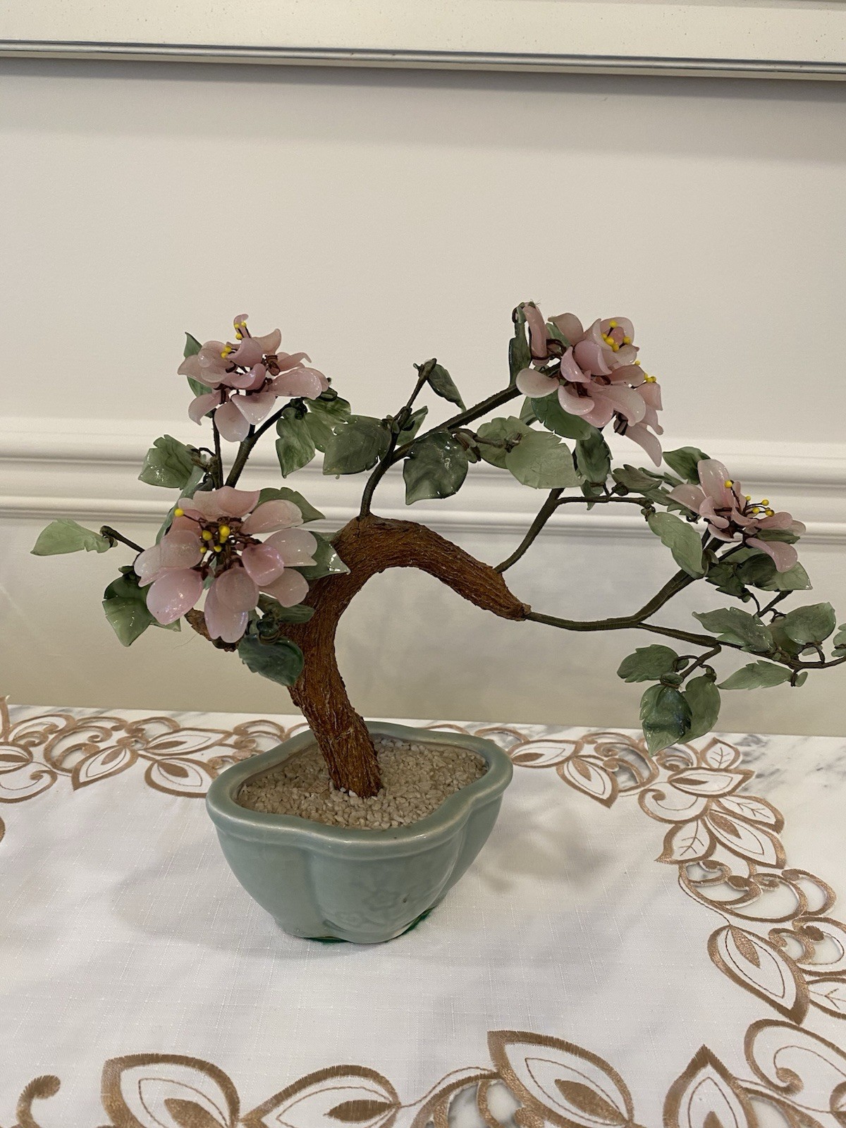 Vintage Japan Art Glass Jade Bonsai Tree with pale pink flowers 9.5” H x 11”W.