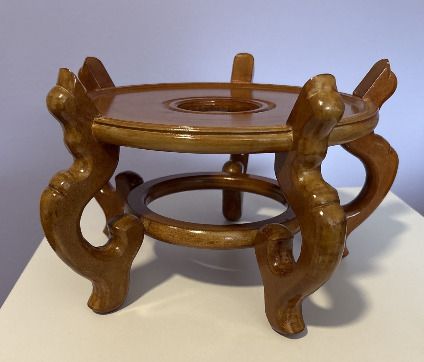 Carved Wood Plant Stand Display Honey Brown Vase Fish Bowl Asian Oriental 10”