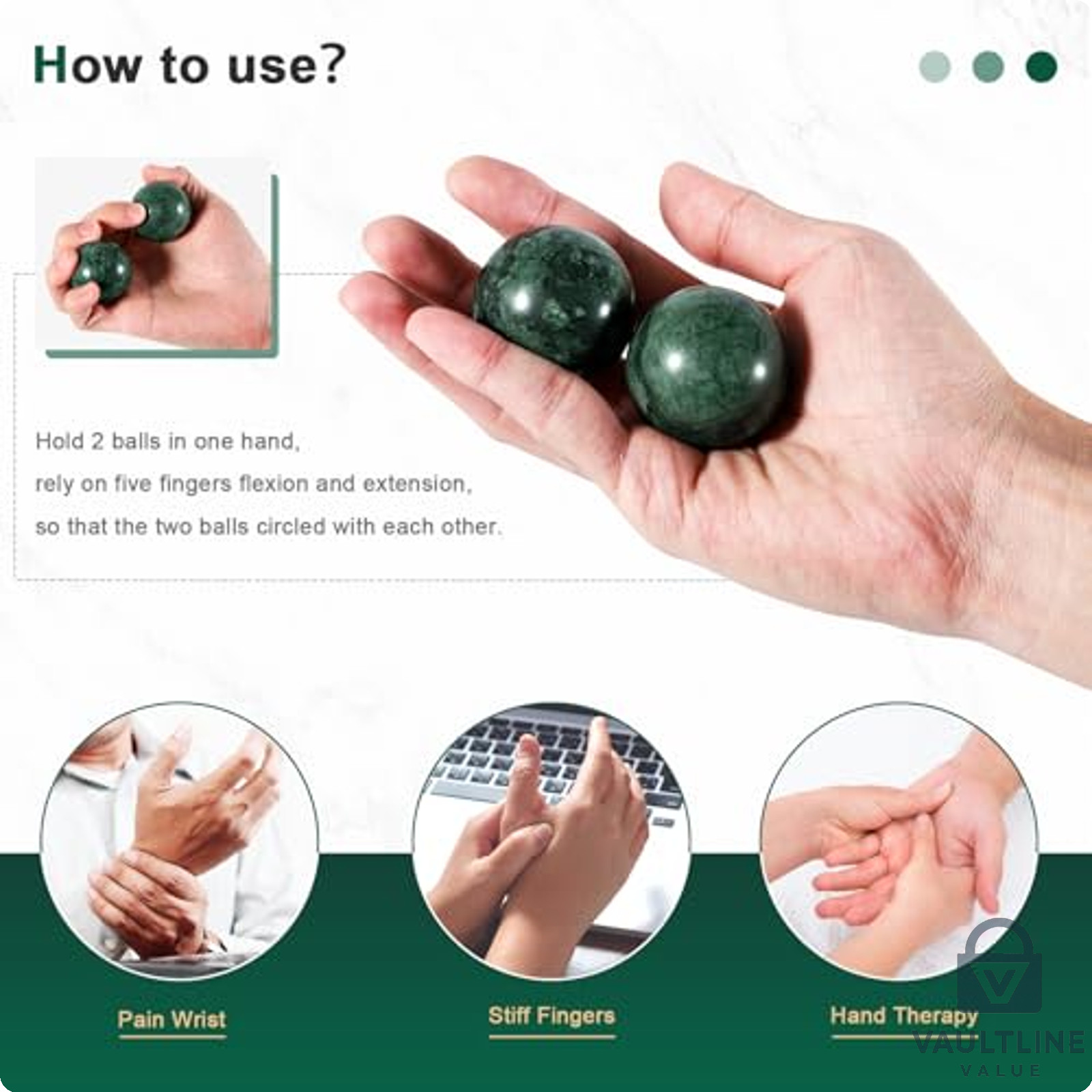 2 Pack Learay Green Marble Baoding Balls for Hand Exercise and Stress Relief