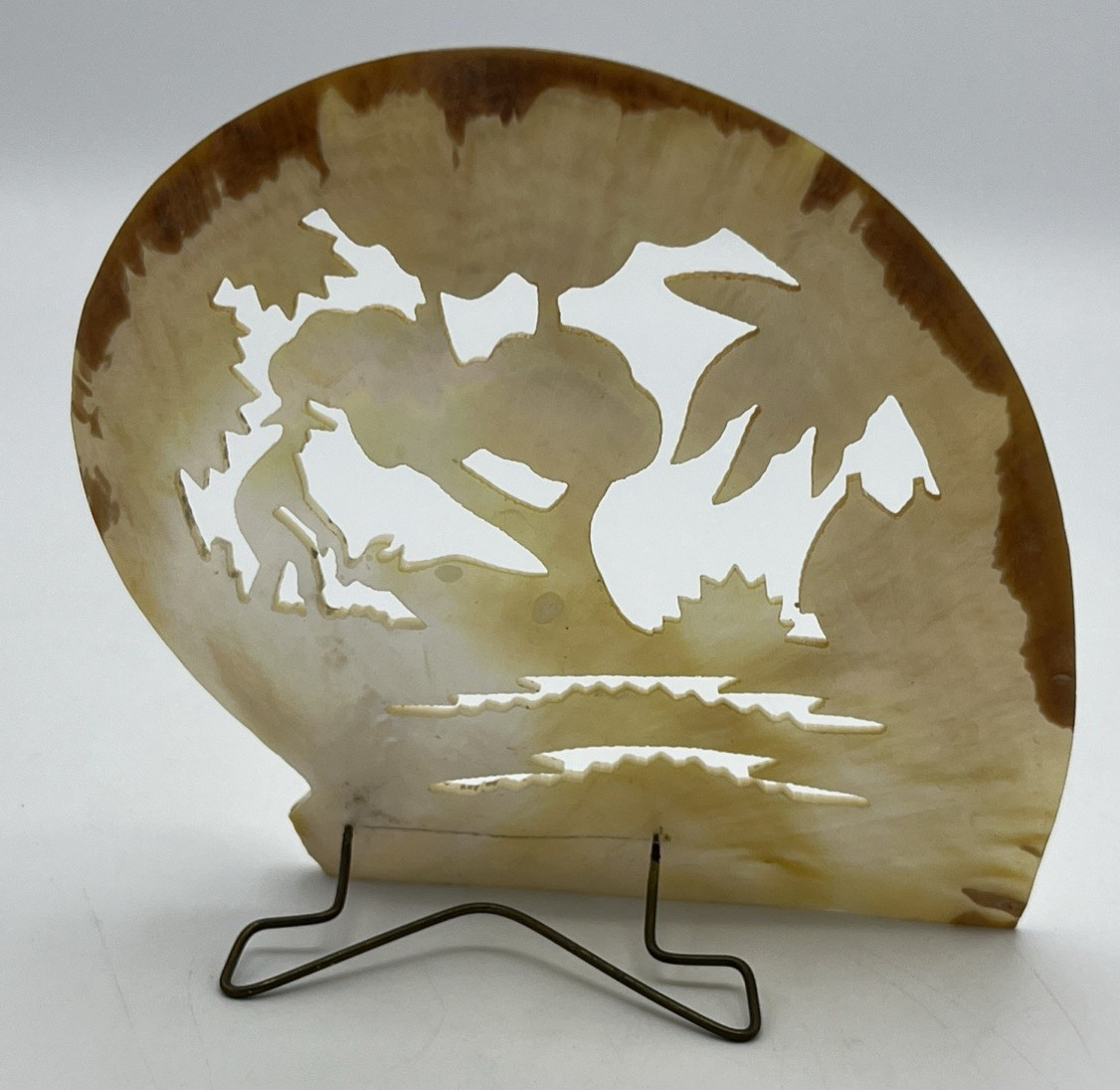 Carved Mother of Pearl Shell Asian Scene with Stand 6″ Tall