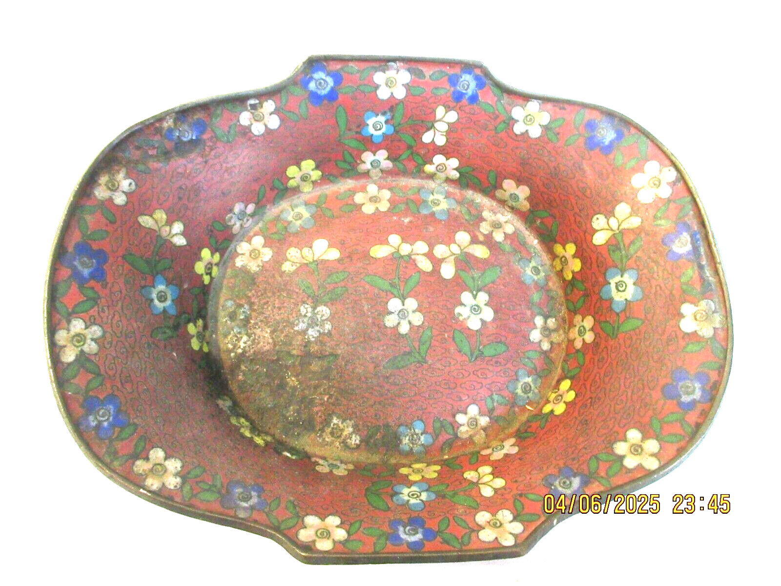 ANTIQUE~RARE STYLE IN CHINESE CLOISONNE~ FLORAL PATTERN BOWL~9 3/8″ X 7 3/8″