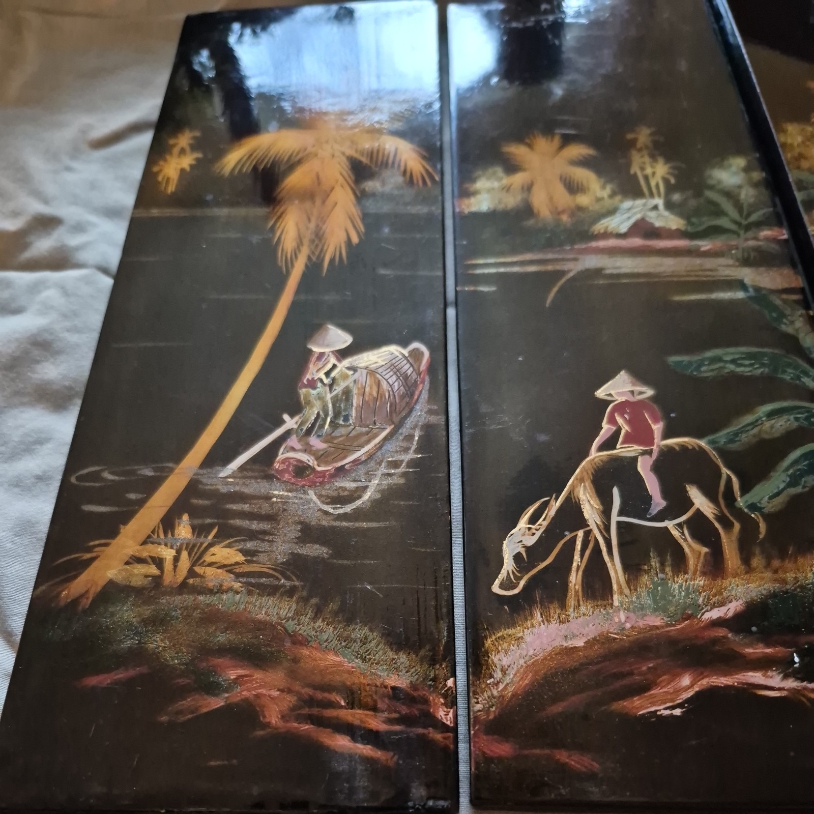 4 Vintage Asian Vietnamese Hand Painted Black Lacquer Wall Art Plaque Panels