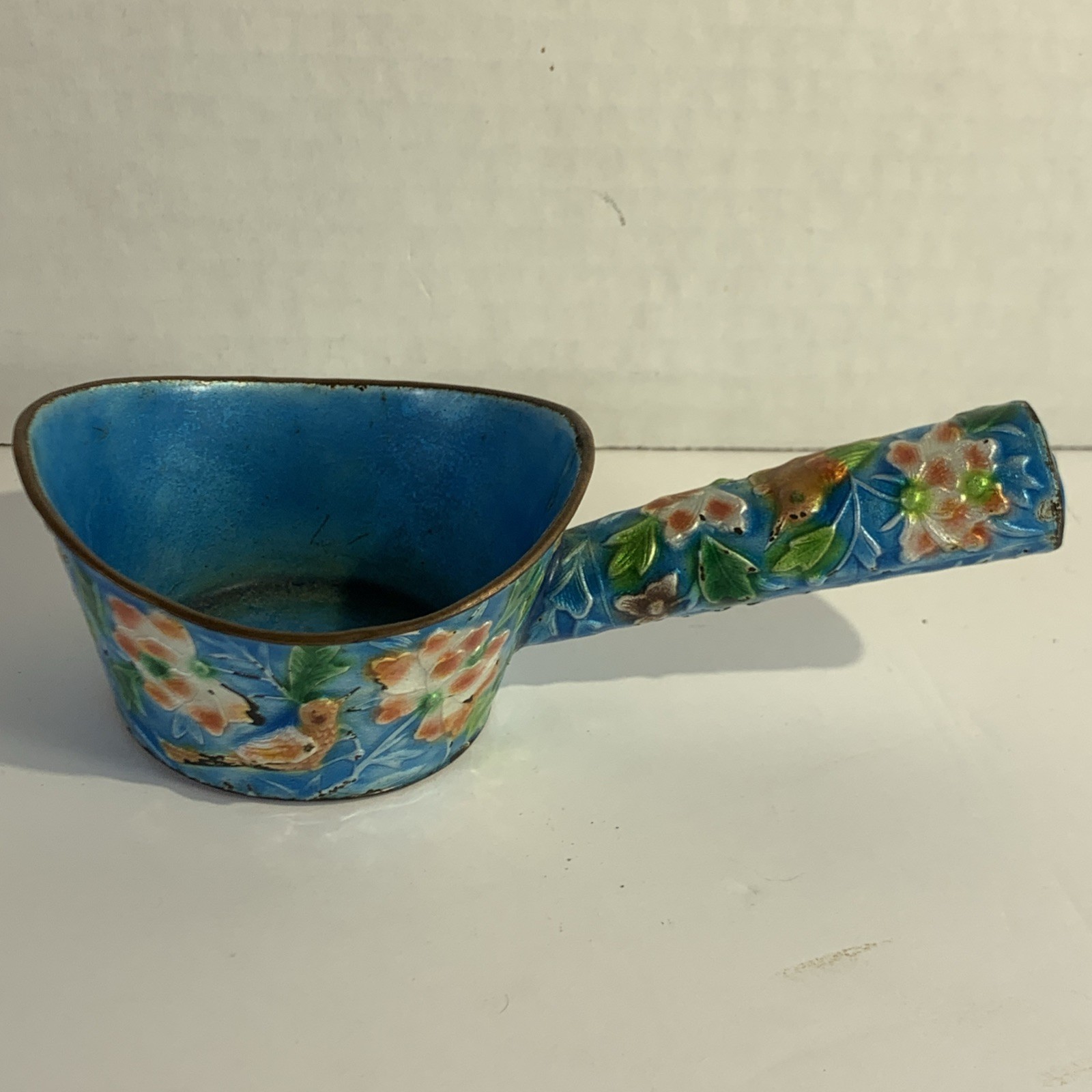Antique Chinese Cloisonné Silk Iron Turquoise Bird Floral Dipper Scoop Qing Dyn
