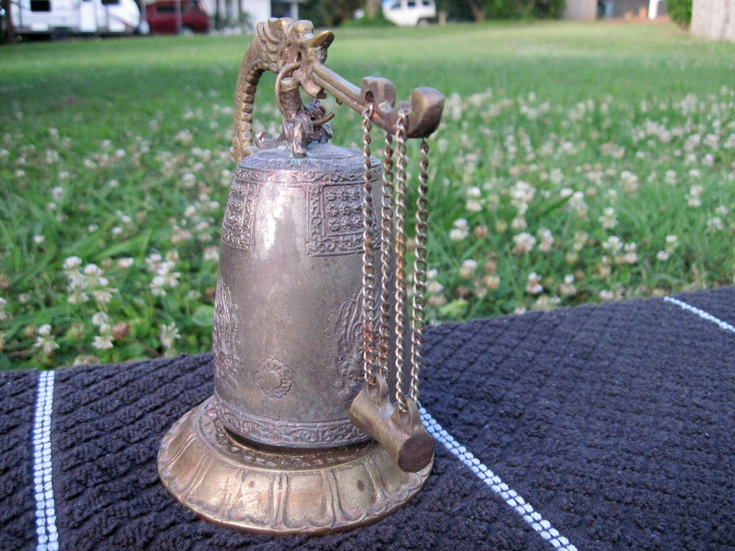 Vintage Asian / Oriental Bronze or Brass Dragon Bell w/ Swinging Hammer