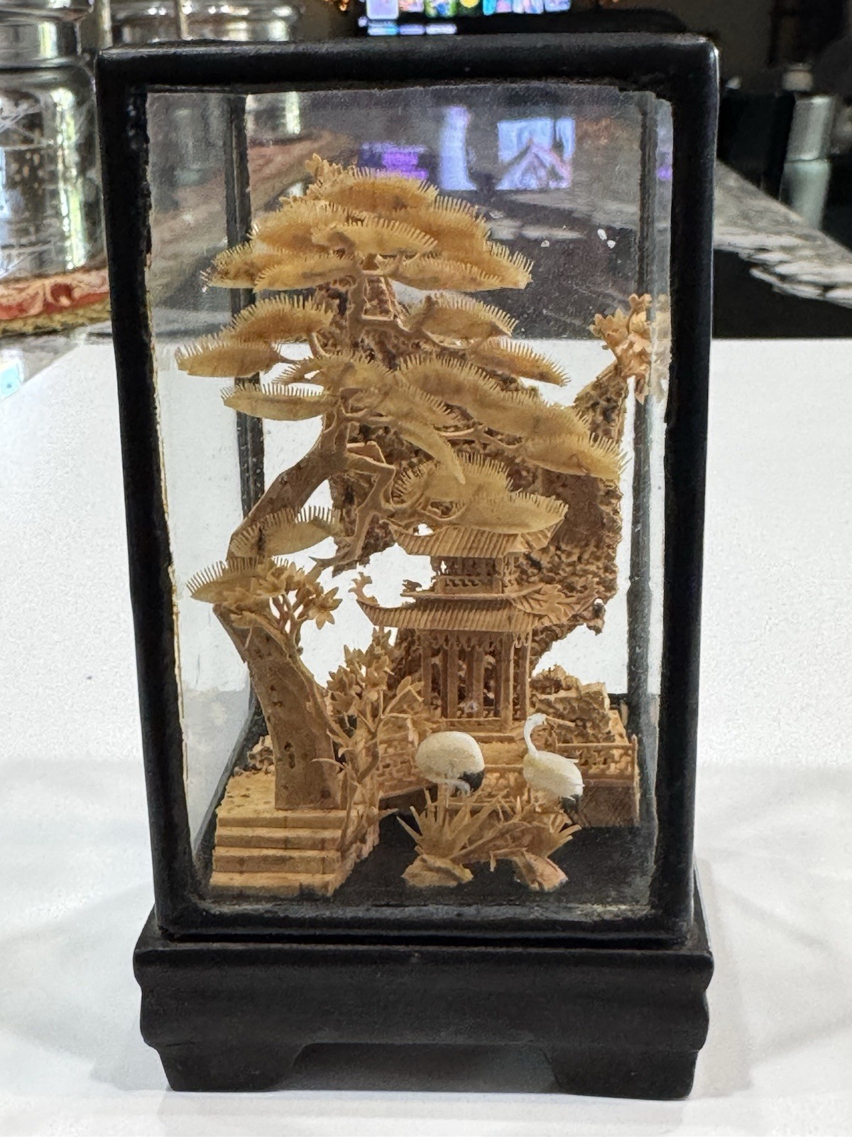 Vtg Miniature Chinese Carved Cork Diorama Art Glass Shadow Box Cranes Pagoda 3D