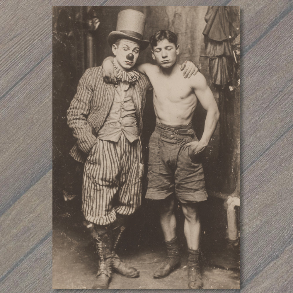 STICKER Circus Clown Top Hat Arm Around Boxer Strongman Backstage Tent