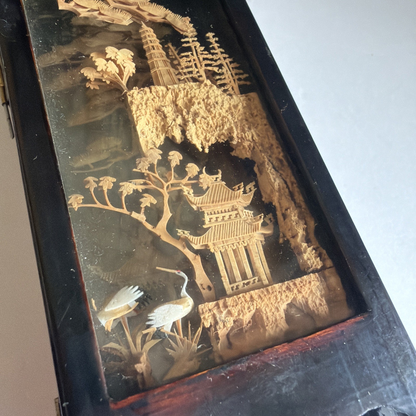Vtg Chinese Cork Art Screen Folding 4 Panel Glass Pagoda Cranes Black Lacquer