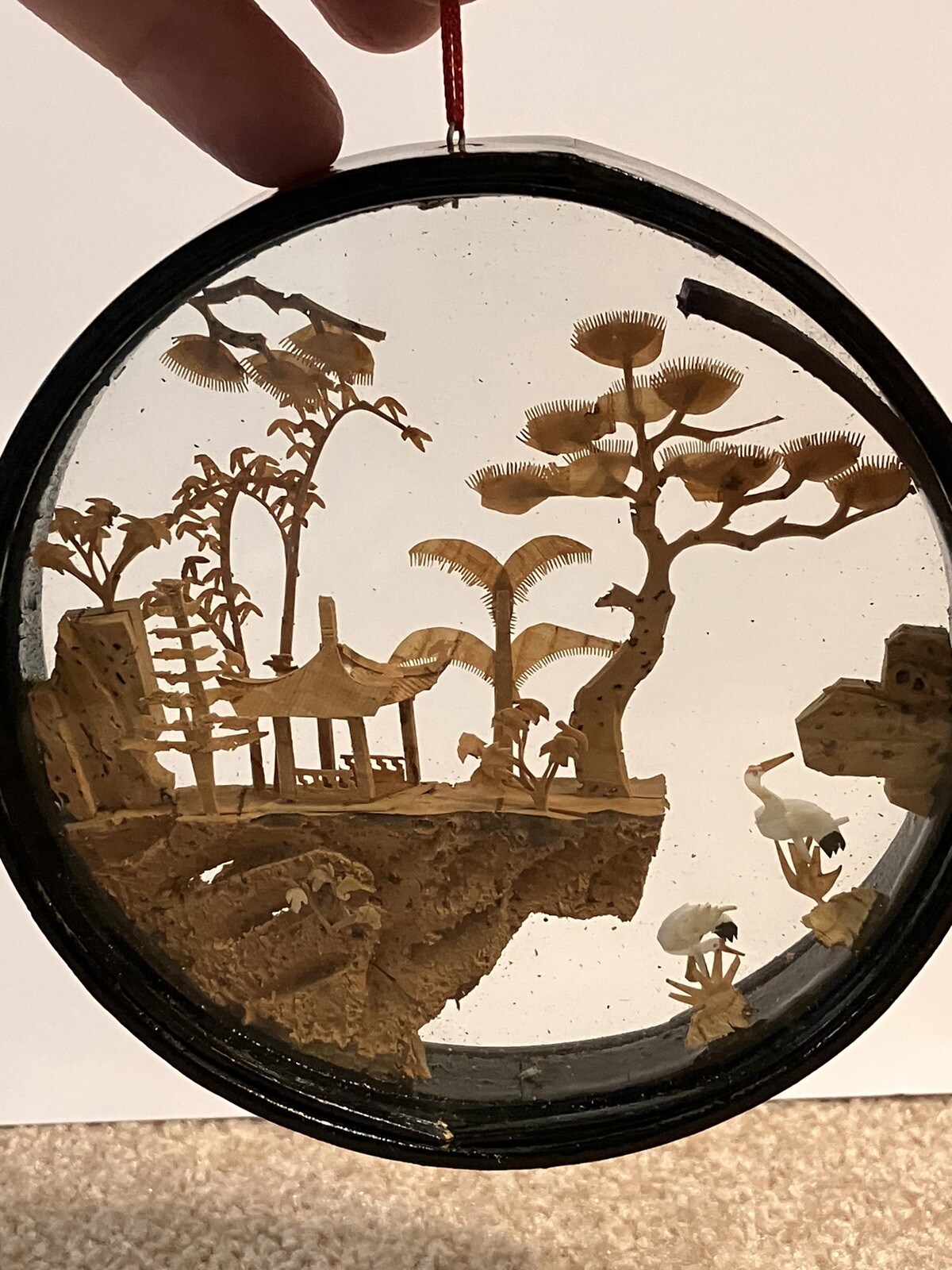 Vintage Chinese Cork Carving Diorama Set Of 2 Lot Cranes Pagoda Lacquered Wood