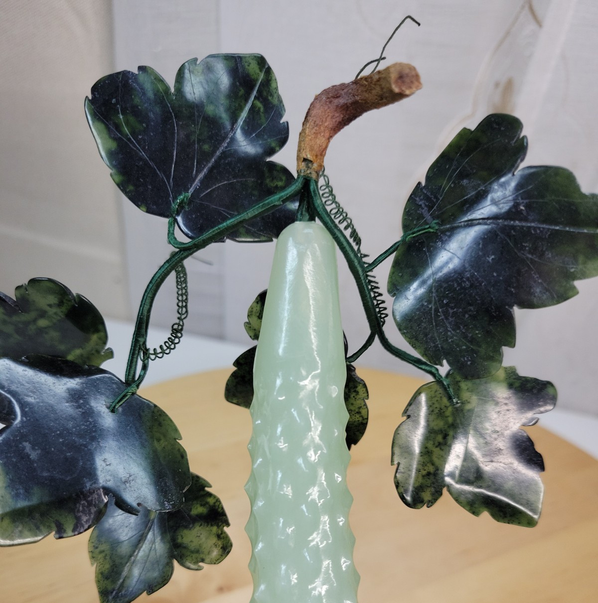 VTG Rare Chinese Green Jade Prickly Cucumber and Leaves 9.5″