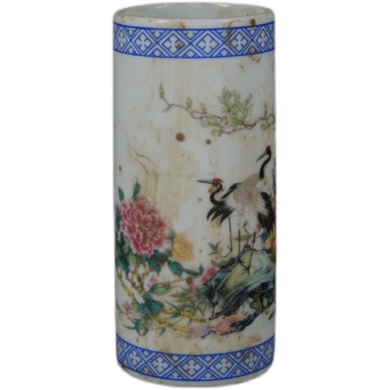 4.7″ Good Chinese Jingdezhen Famille Rose Porcelain Red-crowned Crane Brush Pots