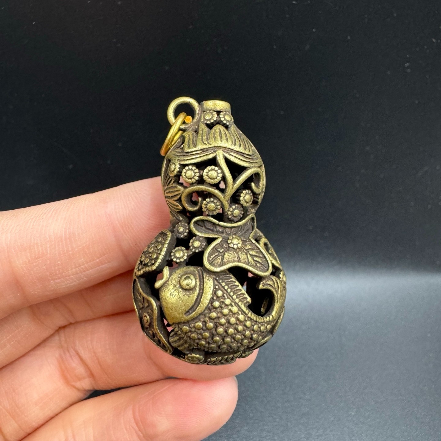 Vintage Brass Hollow Gourd Pendant Carp Lotus Fish Lucky Wealth Feng Shui Charm