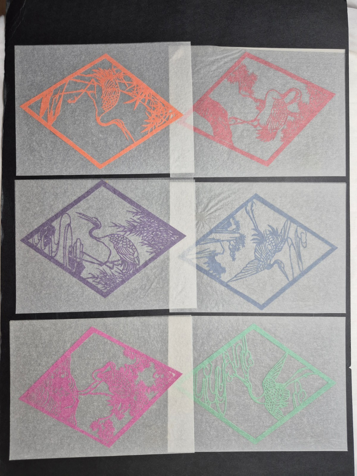 Unused Set of 6 Chinese Folk Art Paper cuts Crane (Hè) Designed