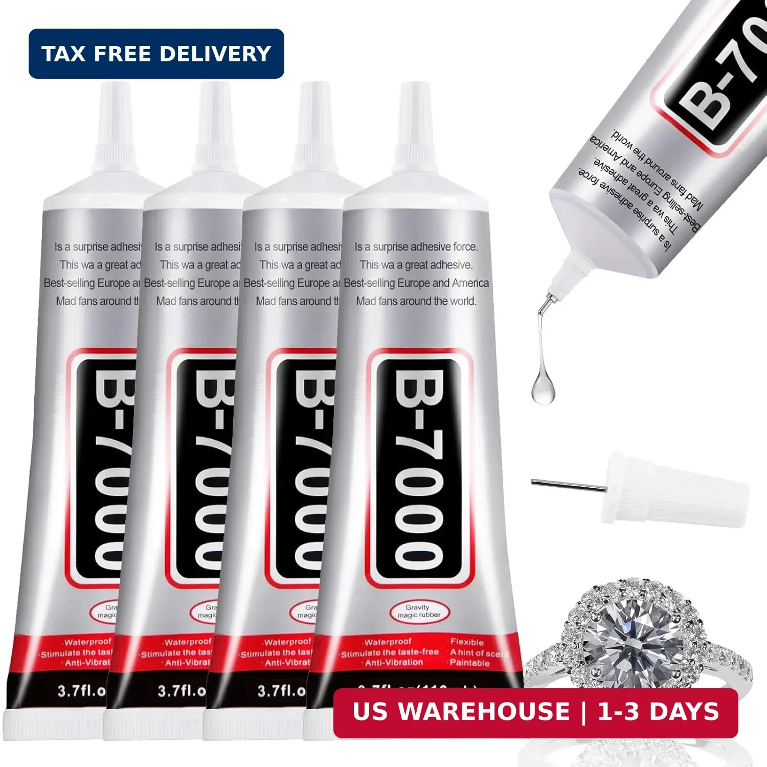 4 PCS 110ml B7000 Glue Clear with Precision Tip, Rhinestone Glue for Nail, Craft