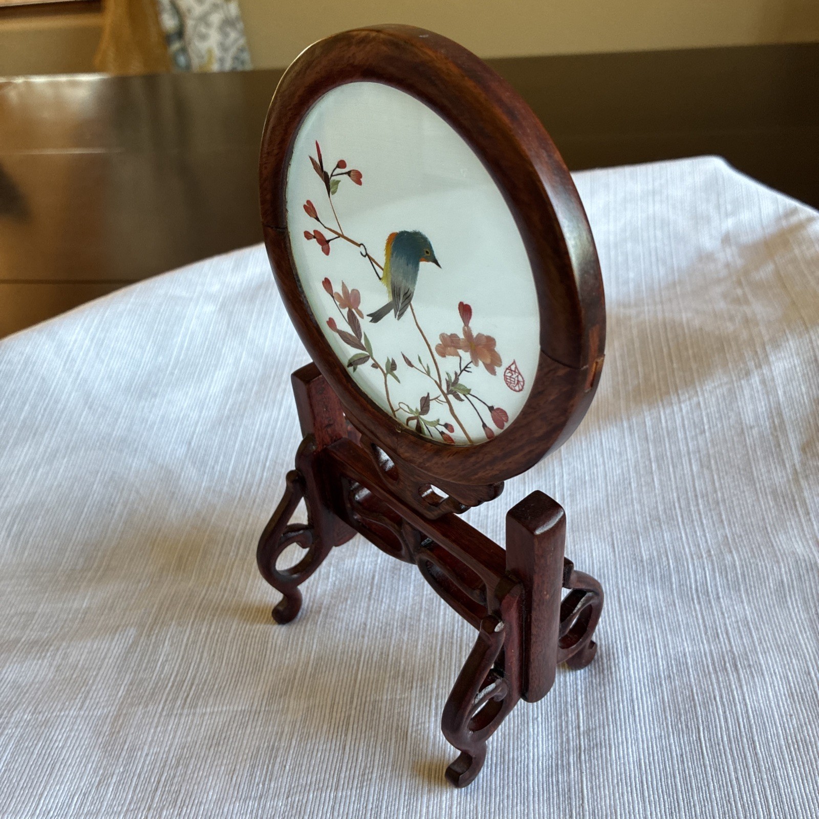 VNTG Chinese Silk Double Sided Embroidery Songbird Round Table Screen Wood/4.5”