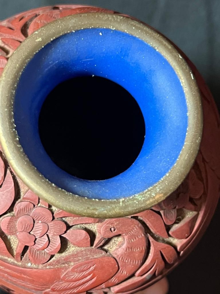 Old Chinese Antique Hand Carved Cinnabar Red Lacquer Vase Urn QING Blue Enamel