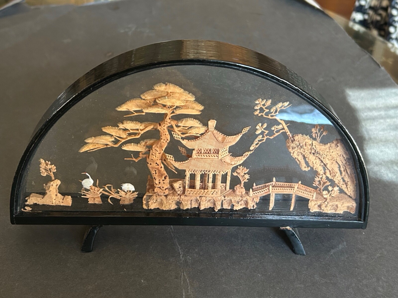 VINTAGE CHINESE SAN YOU DIORAMA CORK CARVING GLASS CASE PAGODA TREES & CRANES.