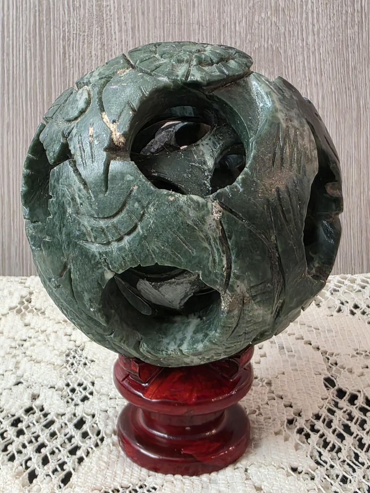 Vintage Carved Green Soapstone Chinese Puzzle Ball 4″ Mystery Sphere w/ Wood…