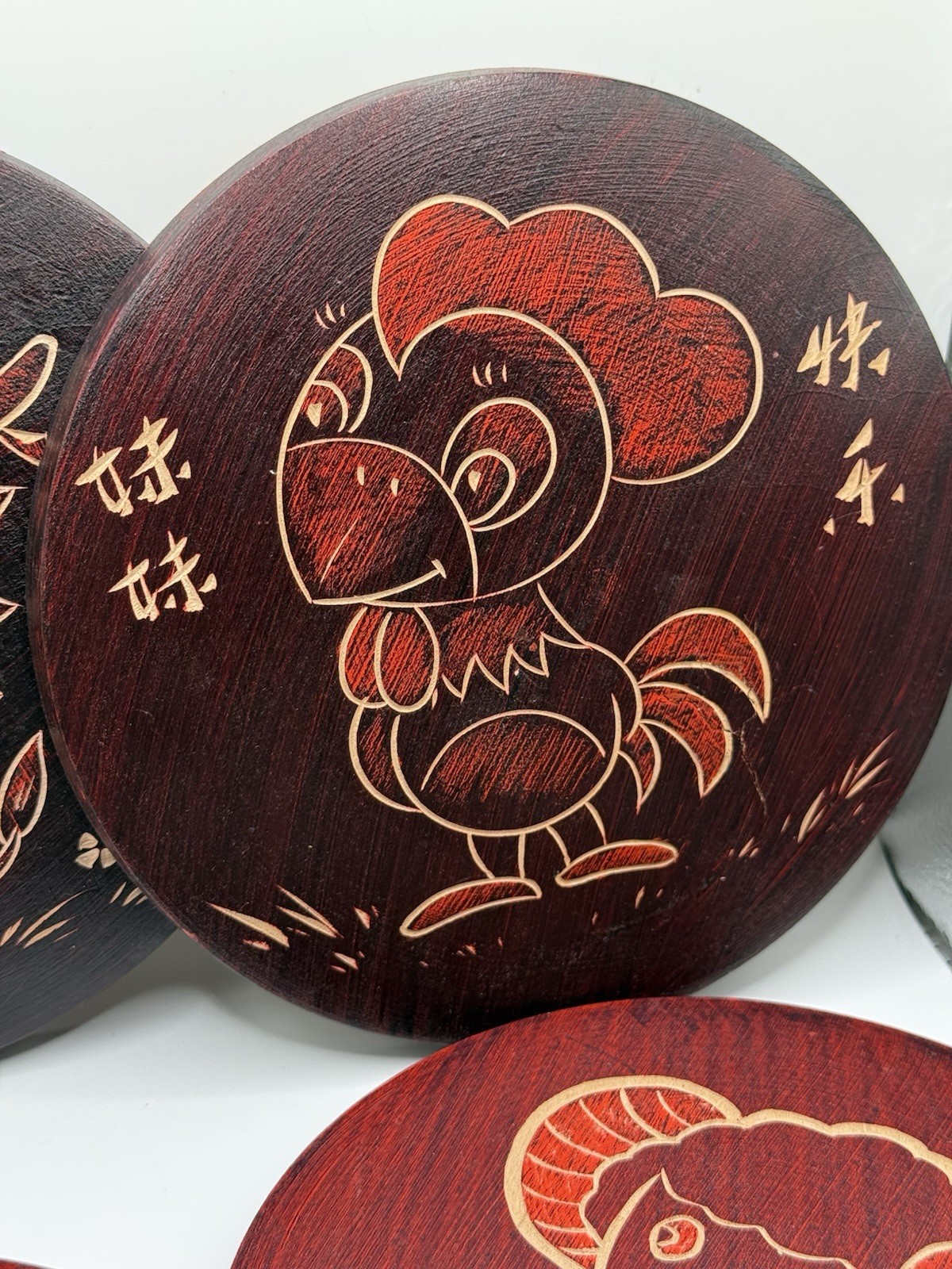 Set of 4 Chinese Wood Carved Circular Zodiac Signs — Hanging Plates