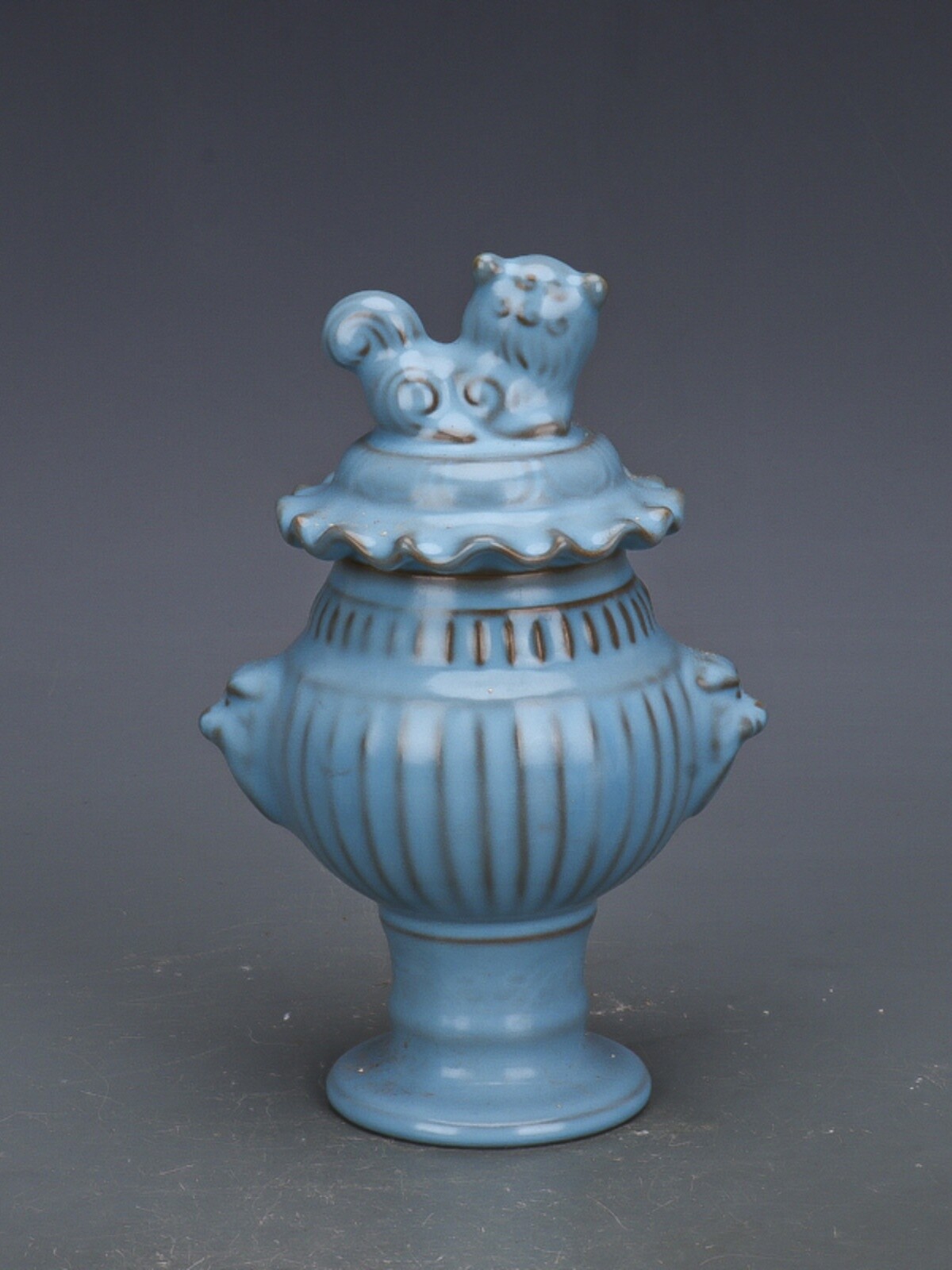 7.4″ Collect China Ruyao Sky Blue Glaze Porcelain Foo Fu Dog Lion Lid Pot