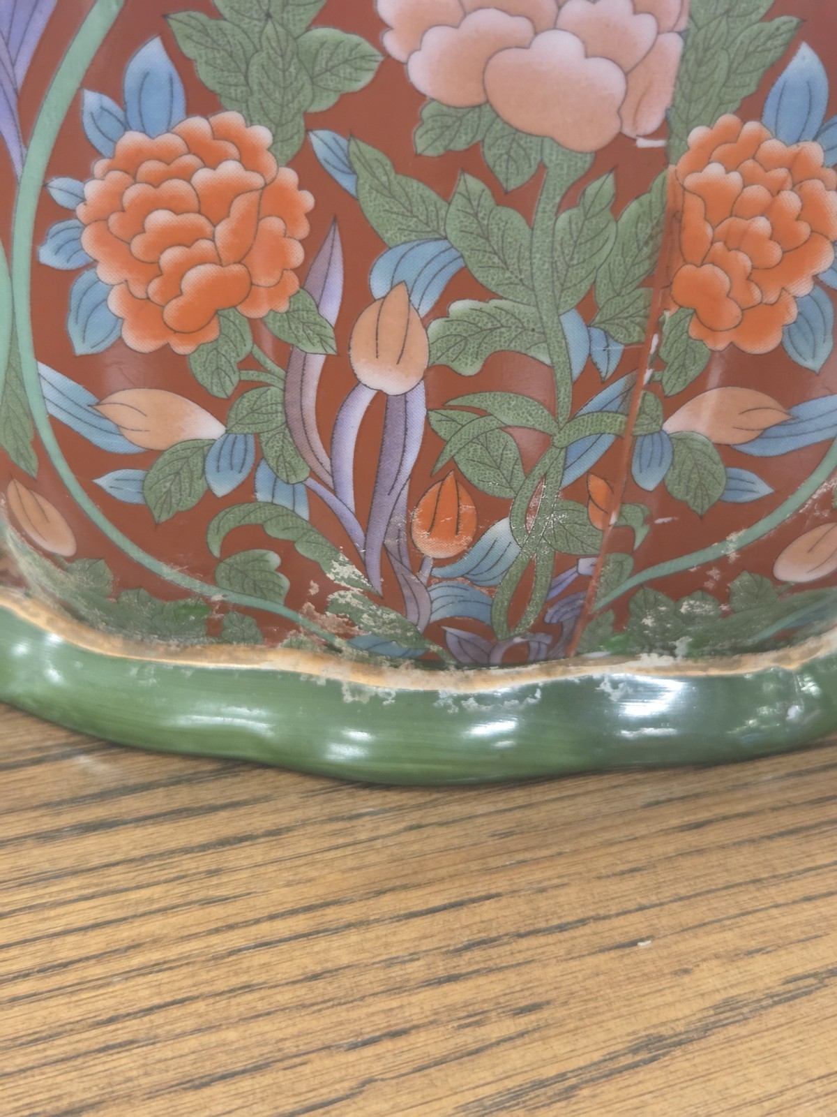 Chinese Foot Bath Satsuma Style Floral Red Vtg Porcelain Jardiniere Gold