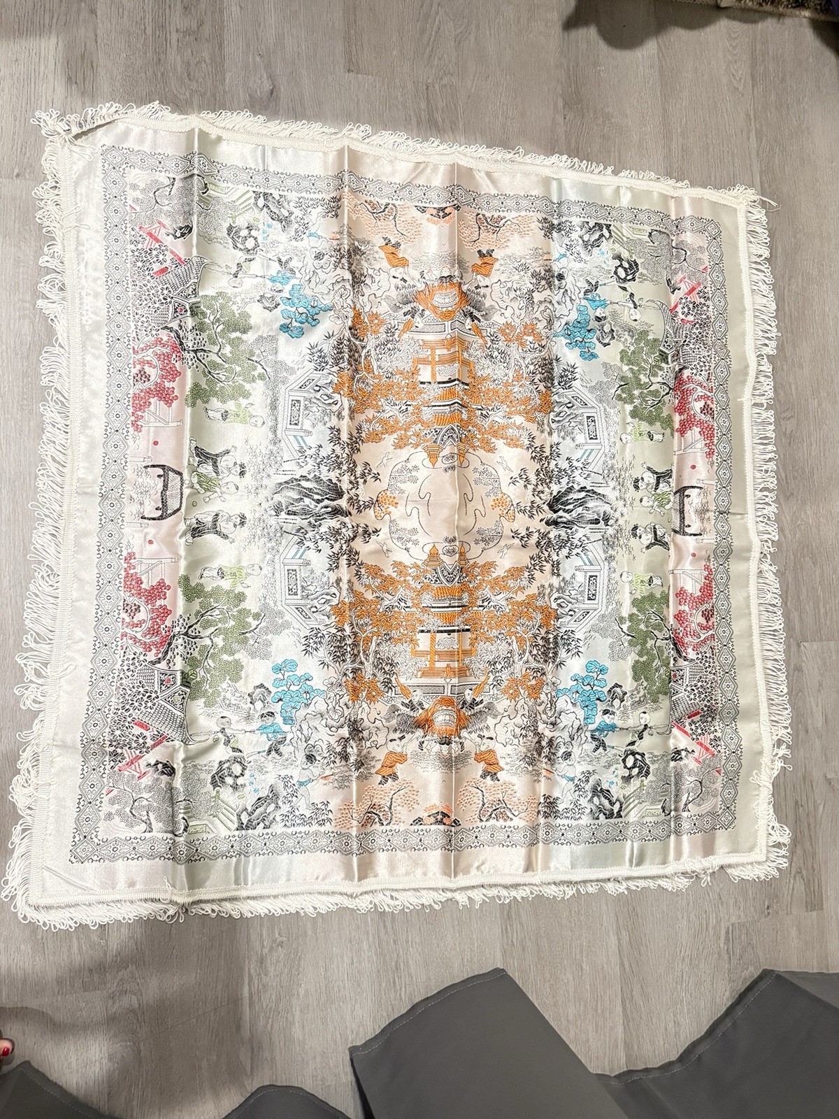 Vintage Brocaded Flowers Chinese Silk Tapestry Children Table Cloth – 36×39 In