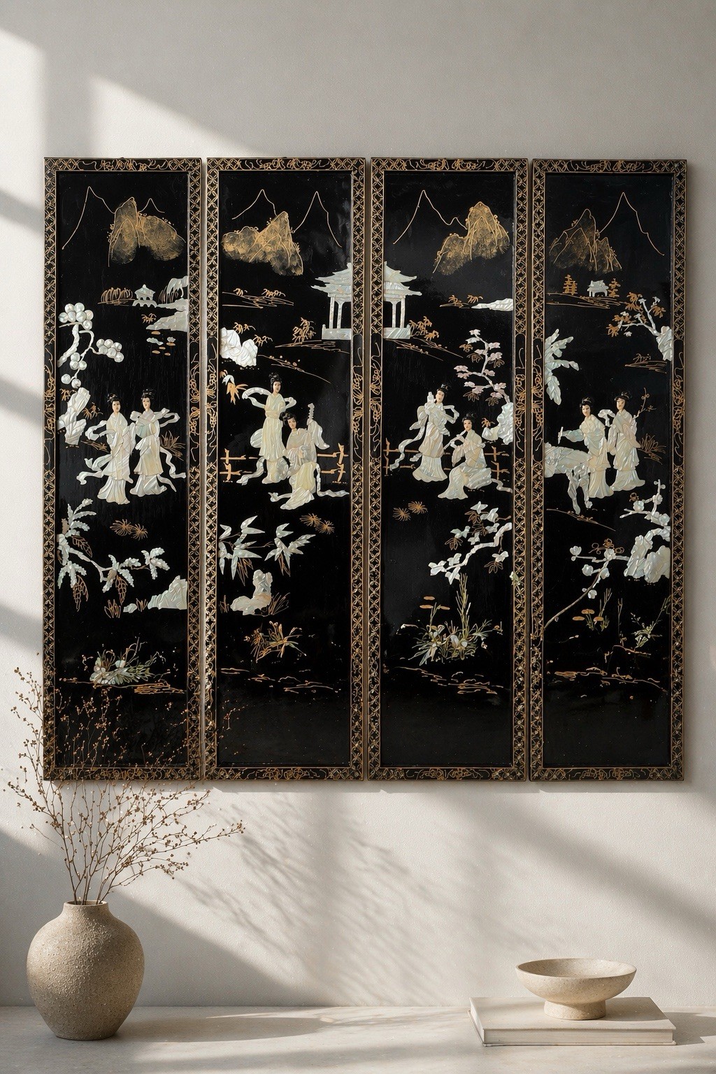 4 Vintage MCM Chinese Mother Of Pearl And Black Lacquer Panels 36 X 12