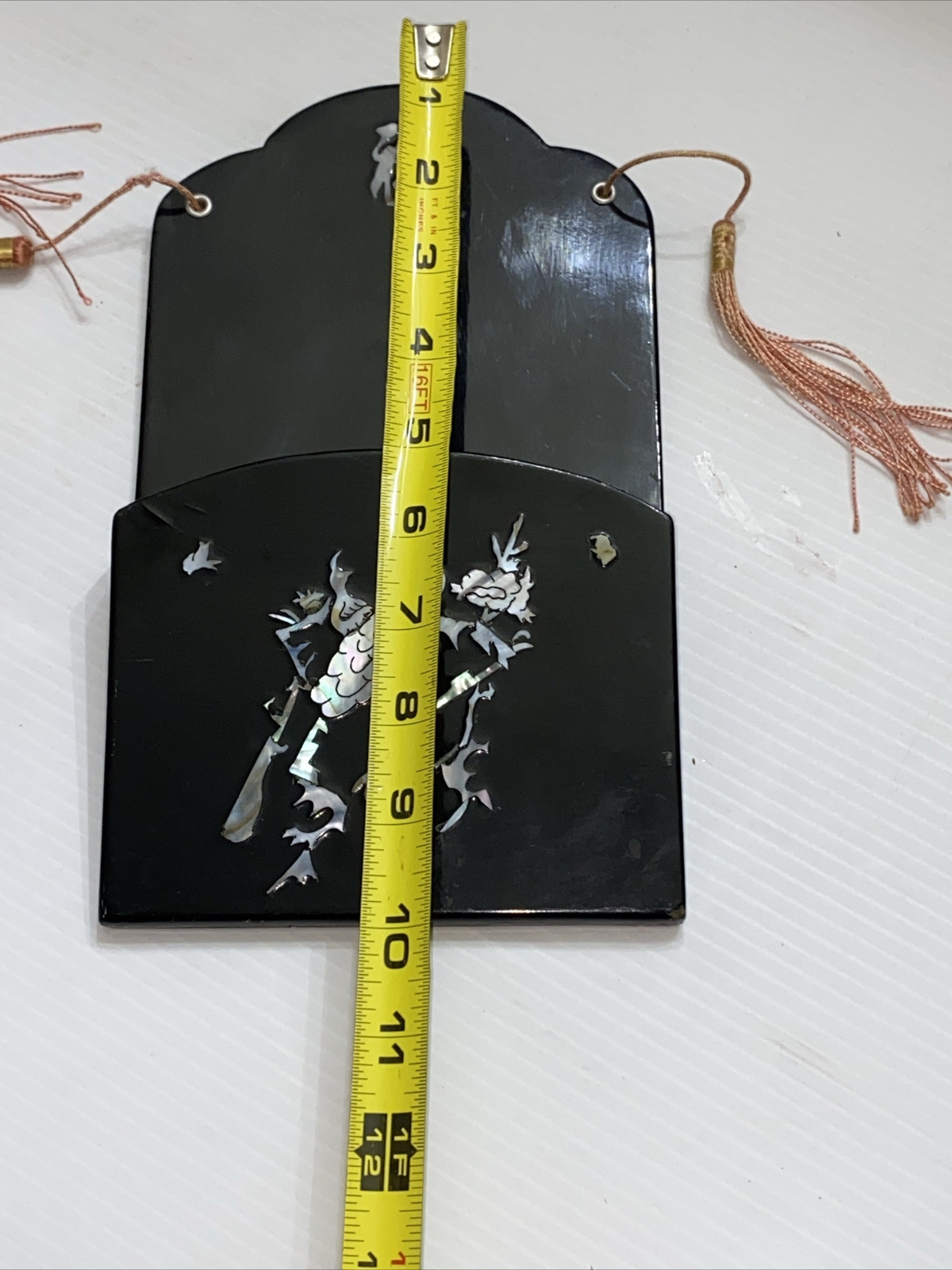 Vintage Mother Of Pearl Letter Holder Notes Oriental Style Black Wall Hanging