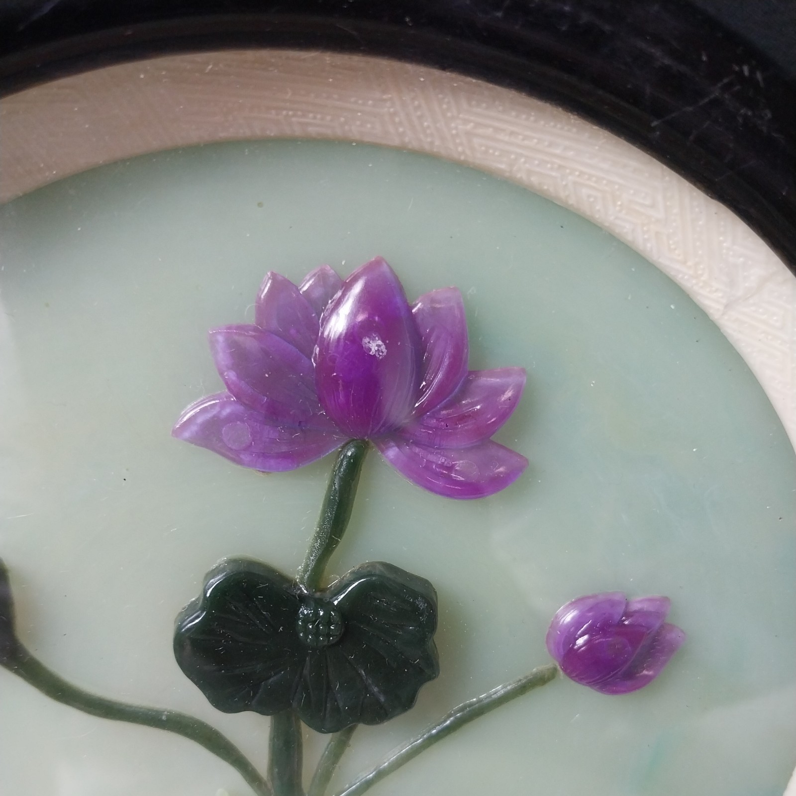 2 Vintage Chinese Carved Jade And Coral Lotus Flower Blossom Framed Wall Art