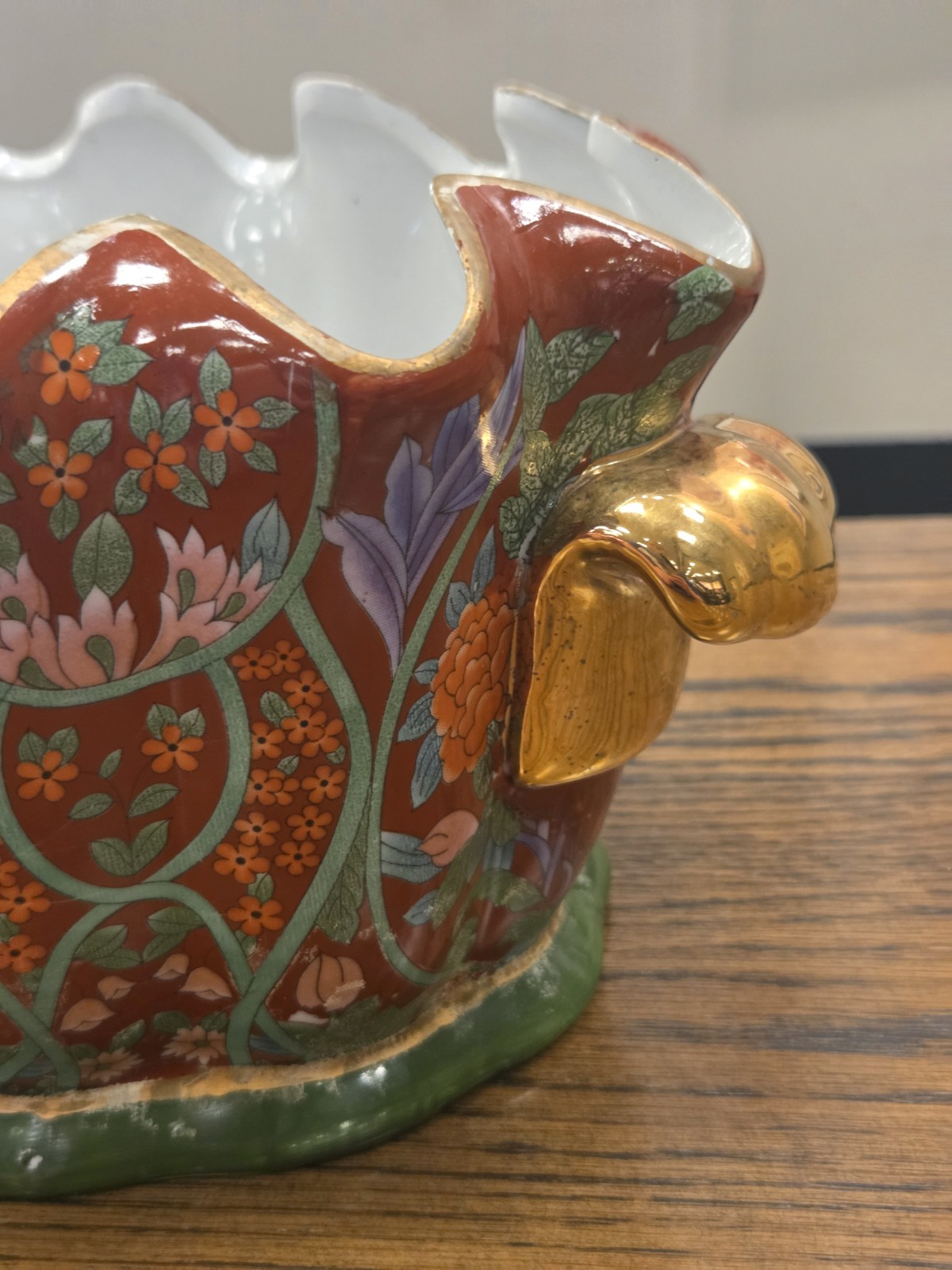 Chinese Foot Bath Satsuma Style Floral Red Vtg Porcelain Jardiniere Gold